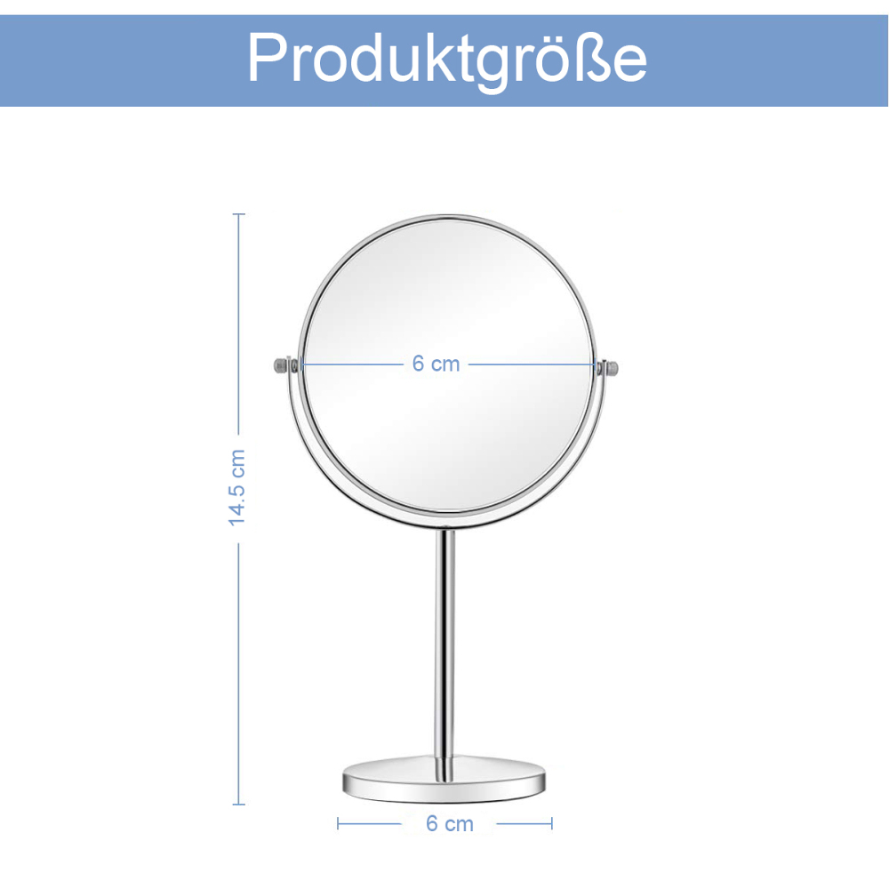 Runder Schminkspiegel auf einem Ständer mit Maßen. Höhe 14,5 cm, Durchmesser 6 cm.