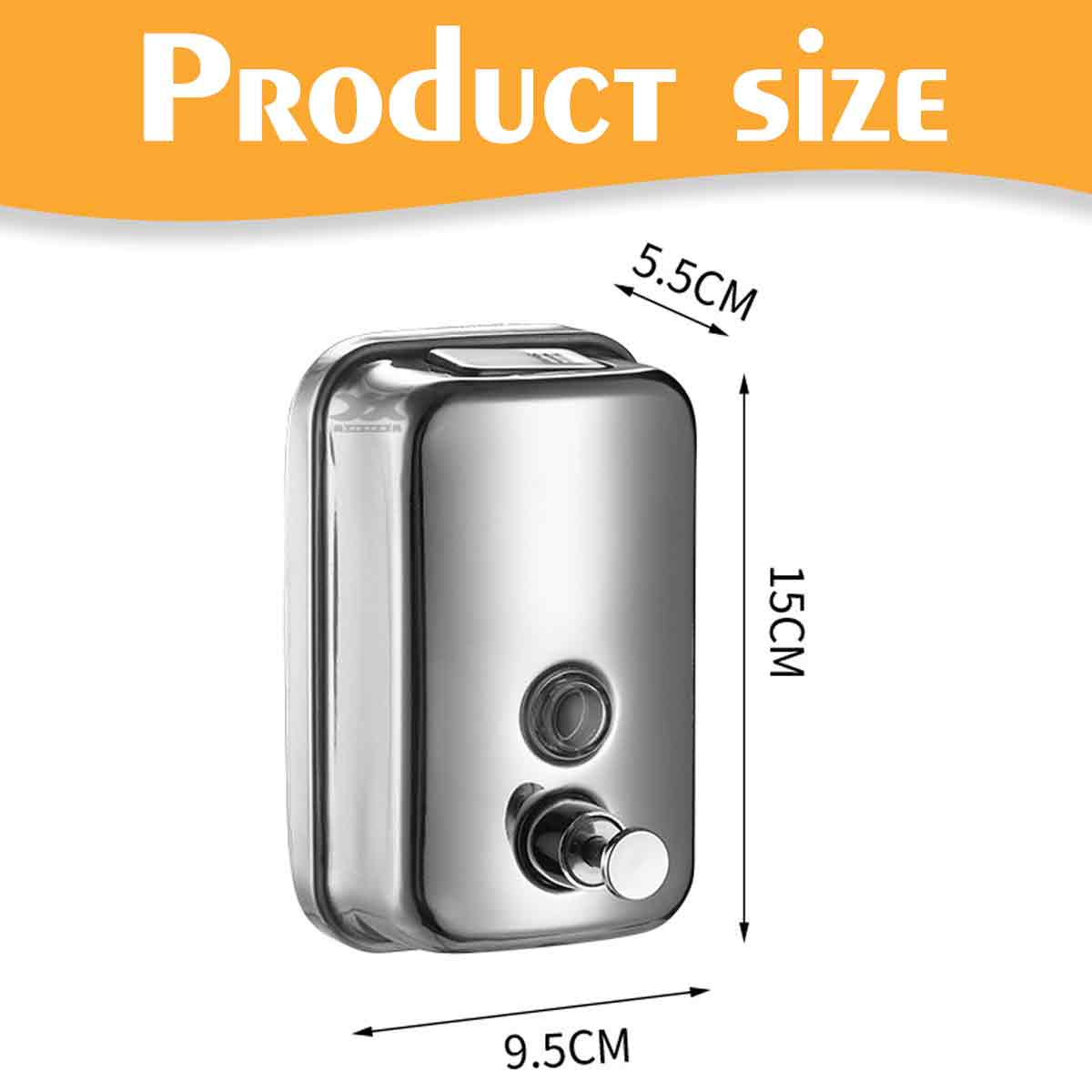 Silberner Seifenspender mit Maßen: 9,5 cm breit, 15 cm hoch, 5,5 cm tief.