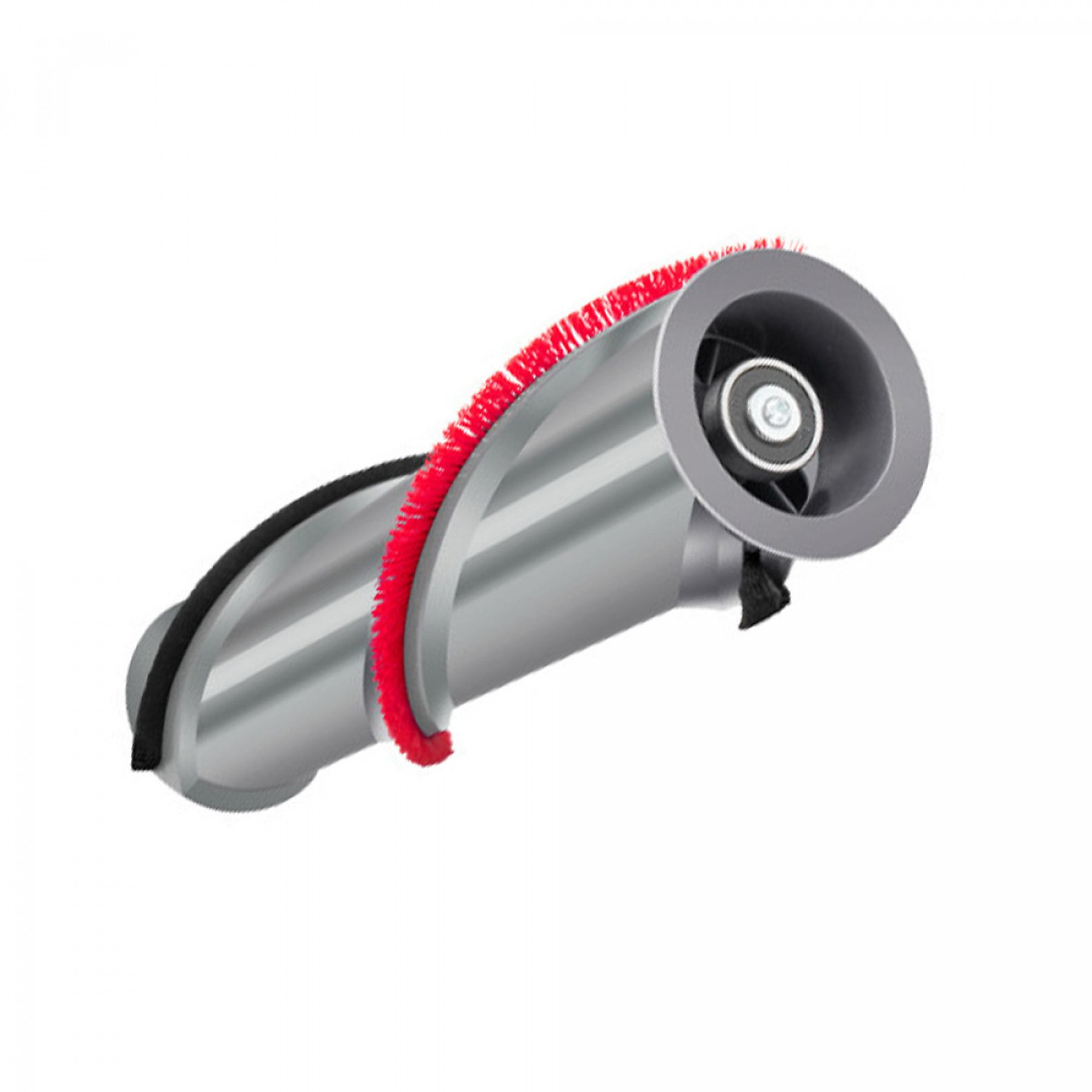 Grauer Staubsaugeraufsatz mit roter Bürste und schwarzem Band.
