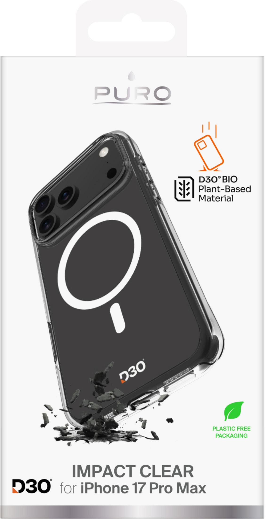 Czarne etui na iPhone z pierścieniem MagSafe na opakowaniu, logo D30.