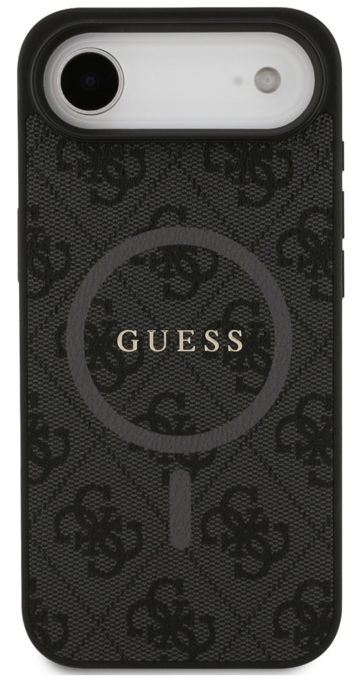 Custodia nera per telefono con logo e motivo Guess.