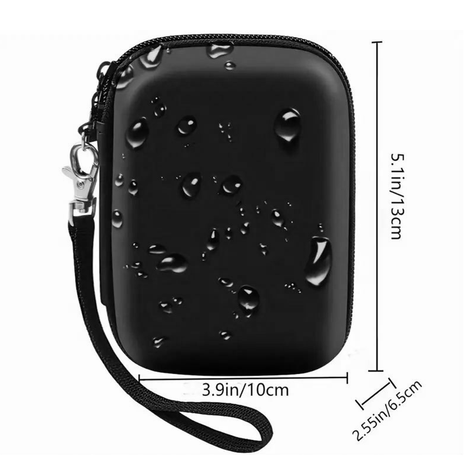 Czarna torba z kroplami wody i wymiarami 13x10x6.5cm.