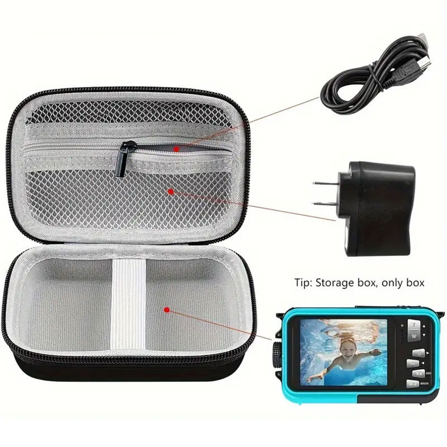 Otwarty futerał z kieszeniami z siatki, kablem ładującym, wtyczką i niebieską kamerą.