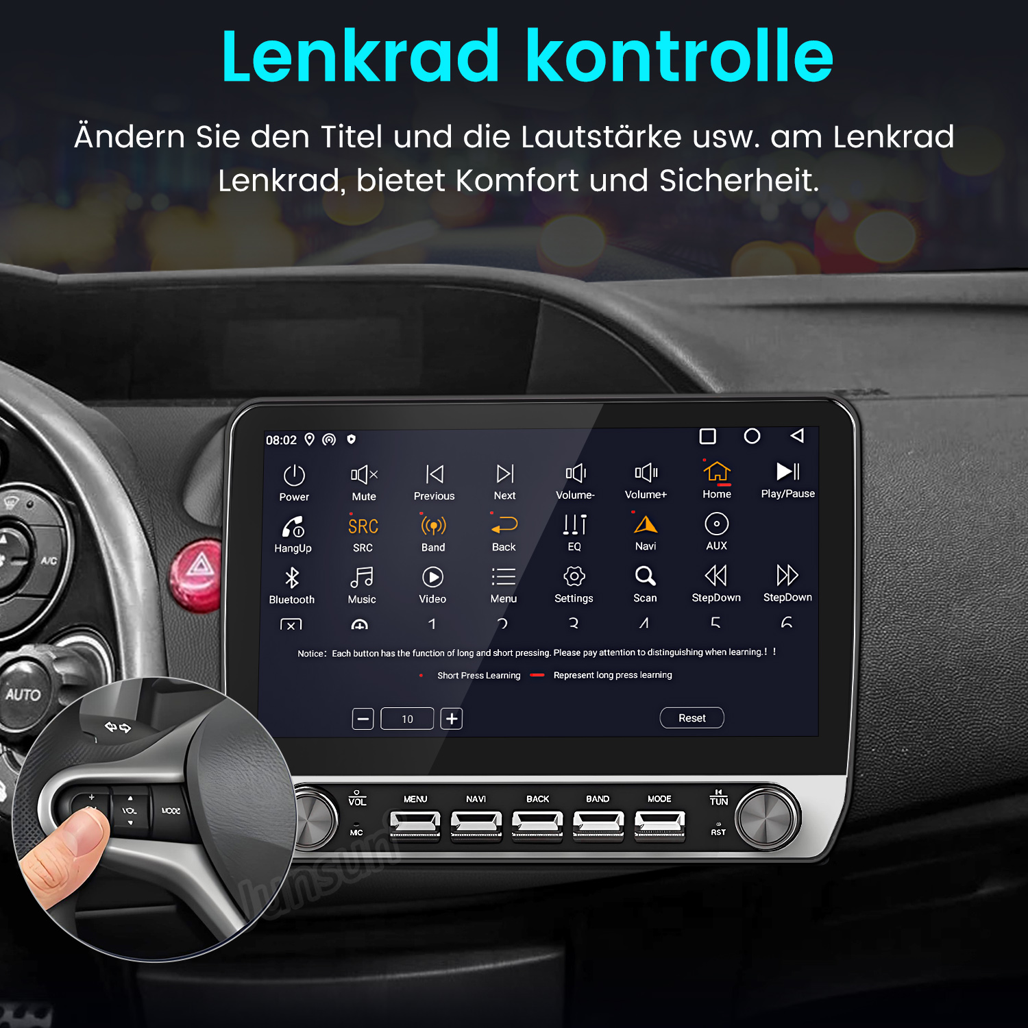 Ein Armaturenbrett mit Infotainmentsystem mit Touchscreen-Display und Lenkradbedienung.