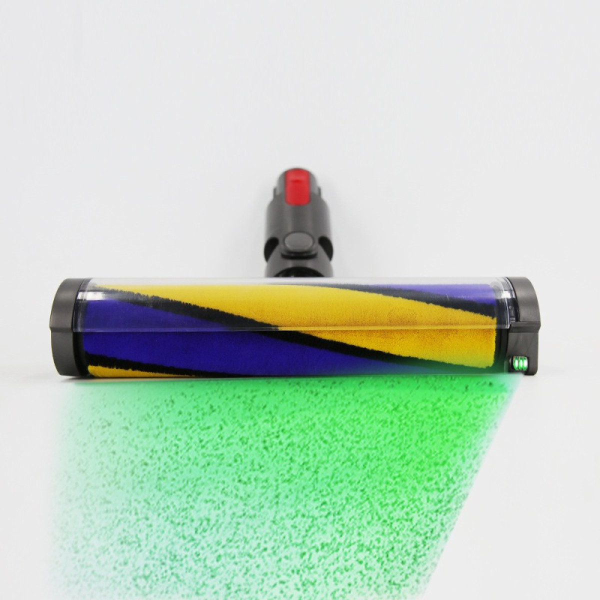 Głowica odkurzacza z żółto-fioletowymi szczotkami na białym tle.