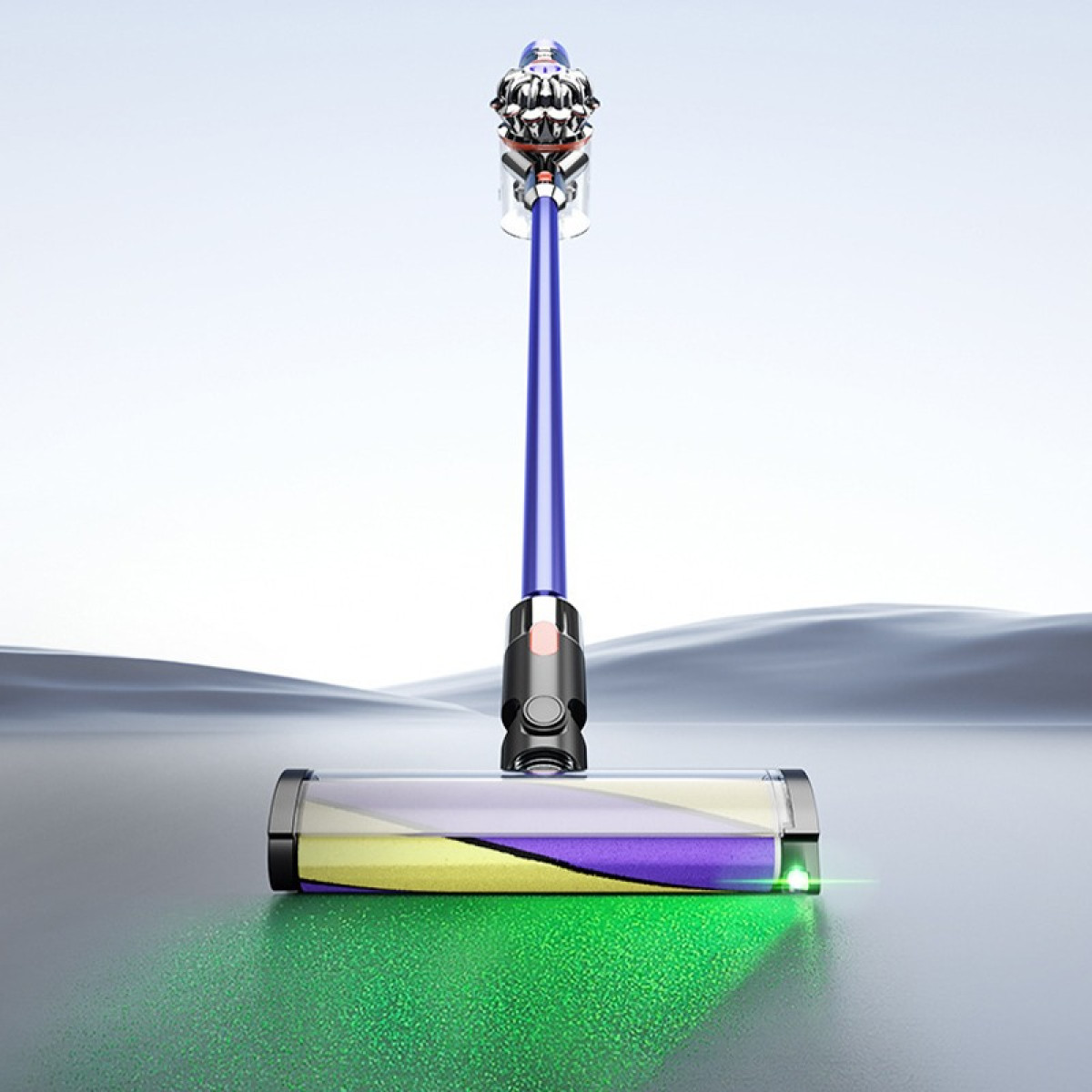 Niebieski odkurzacz z zielonym światłem na podłodze.