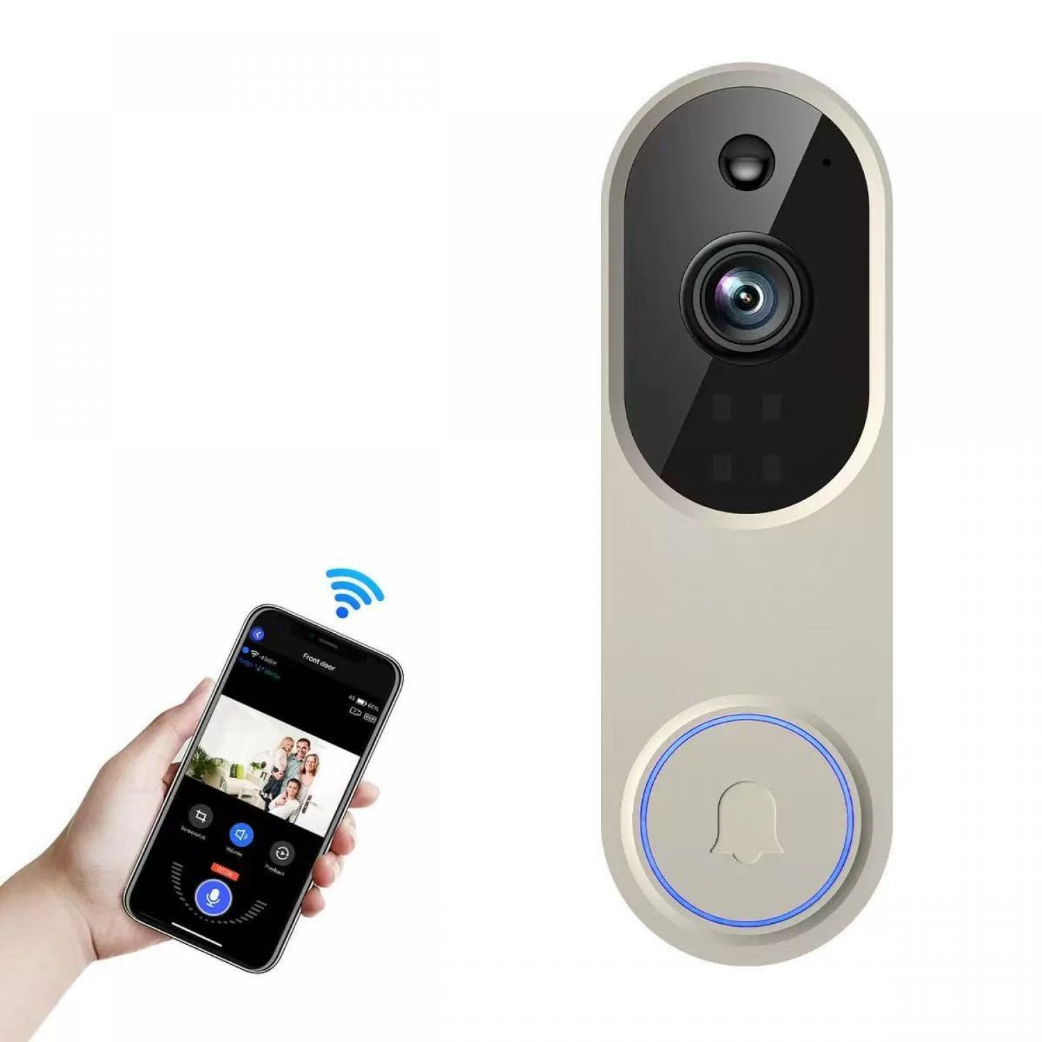 Ein Smart-Türklingel-Gerät und ein Smartphone, das ein Live-Video zeigt.