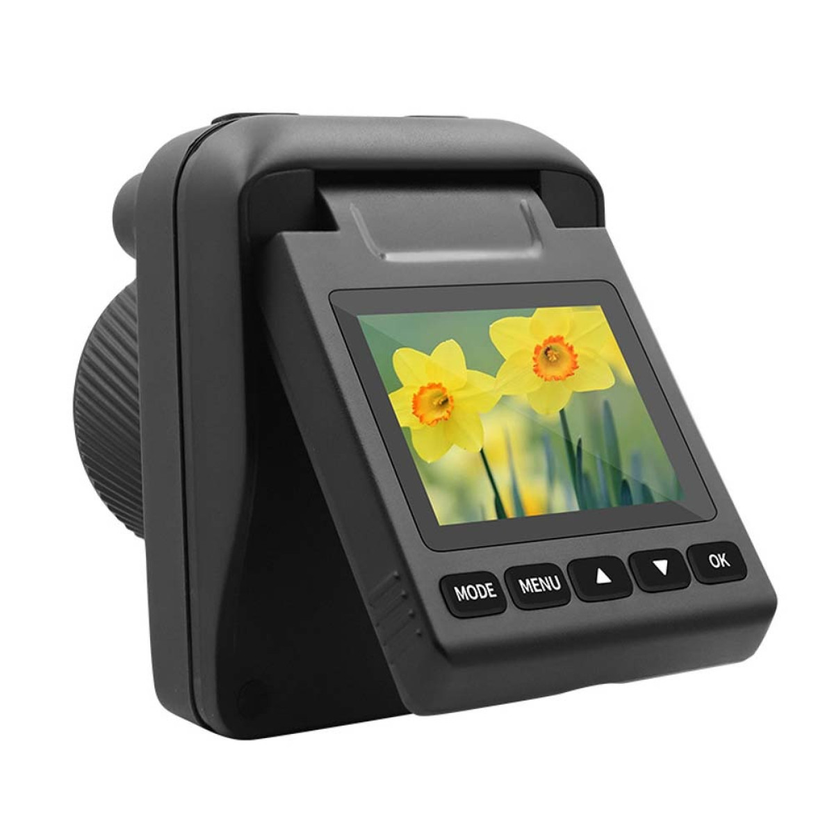 A black device displays two yellow daffodils on its screen. Buttons are below.
