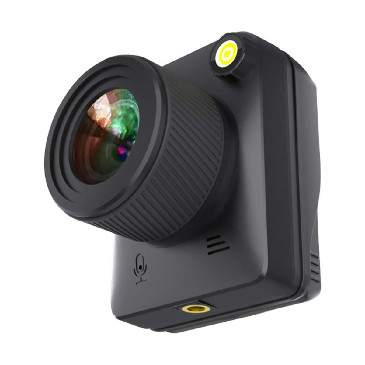 A black camera with a large lens, flash, microphone icon, and ports.