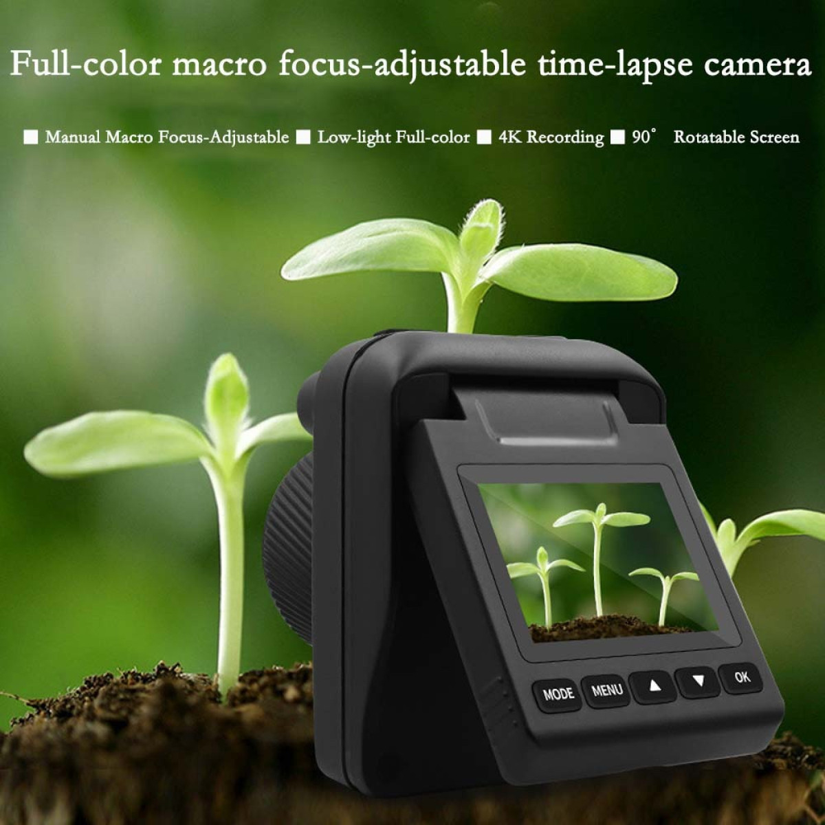 A black macro time-lapse camera is positioned in front of young plants.