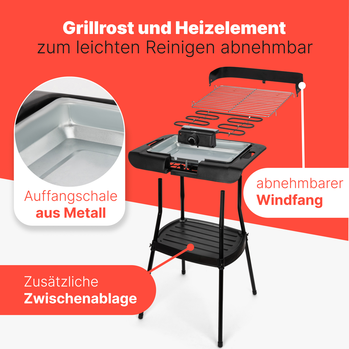 Elektrischer Grill mit abnehmbarem Rost, Heizelement, Auffangschale, Windfang und Ablage.