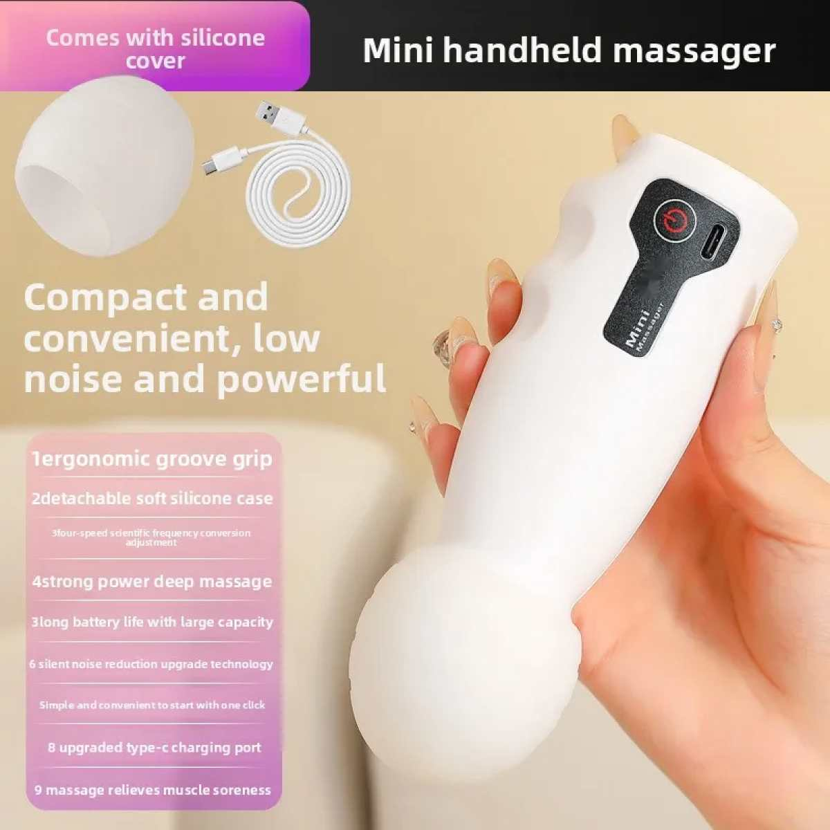 Ein weißer Handmassagegerät mit USB-Kabel und Silikonabdeckung.