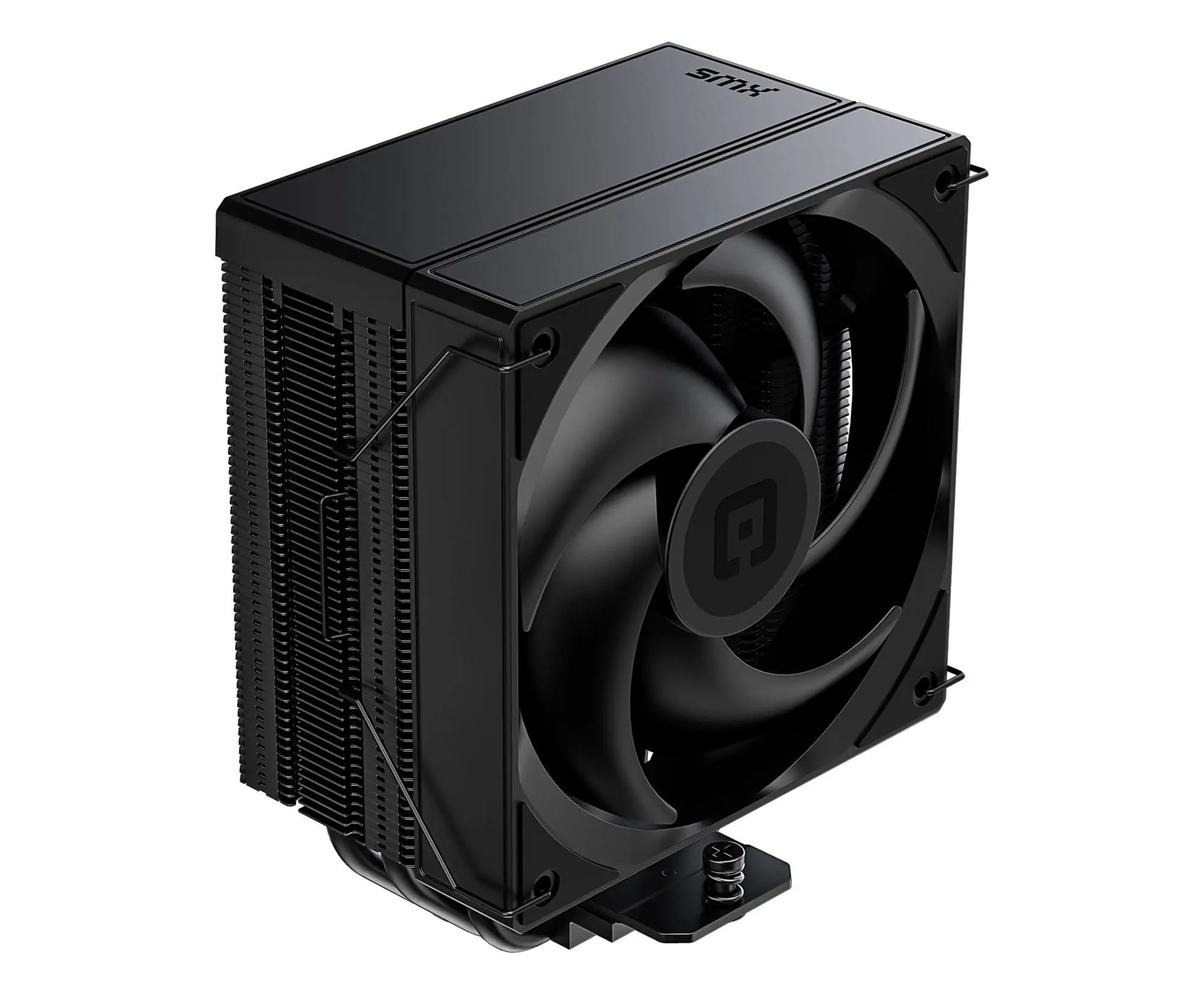 Schwarzer CPU-Kühler mit Lüfter und Kühlrippen, SMX-Logo oben.