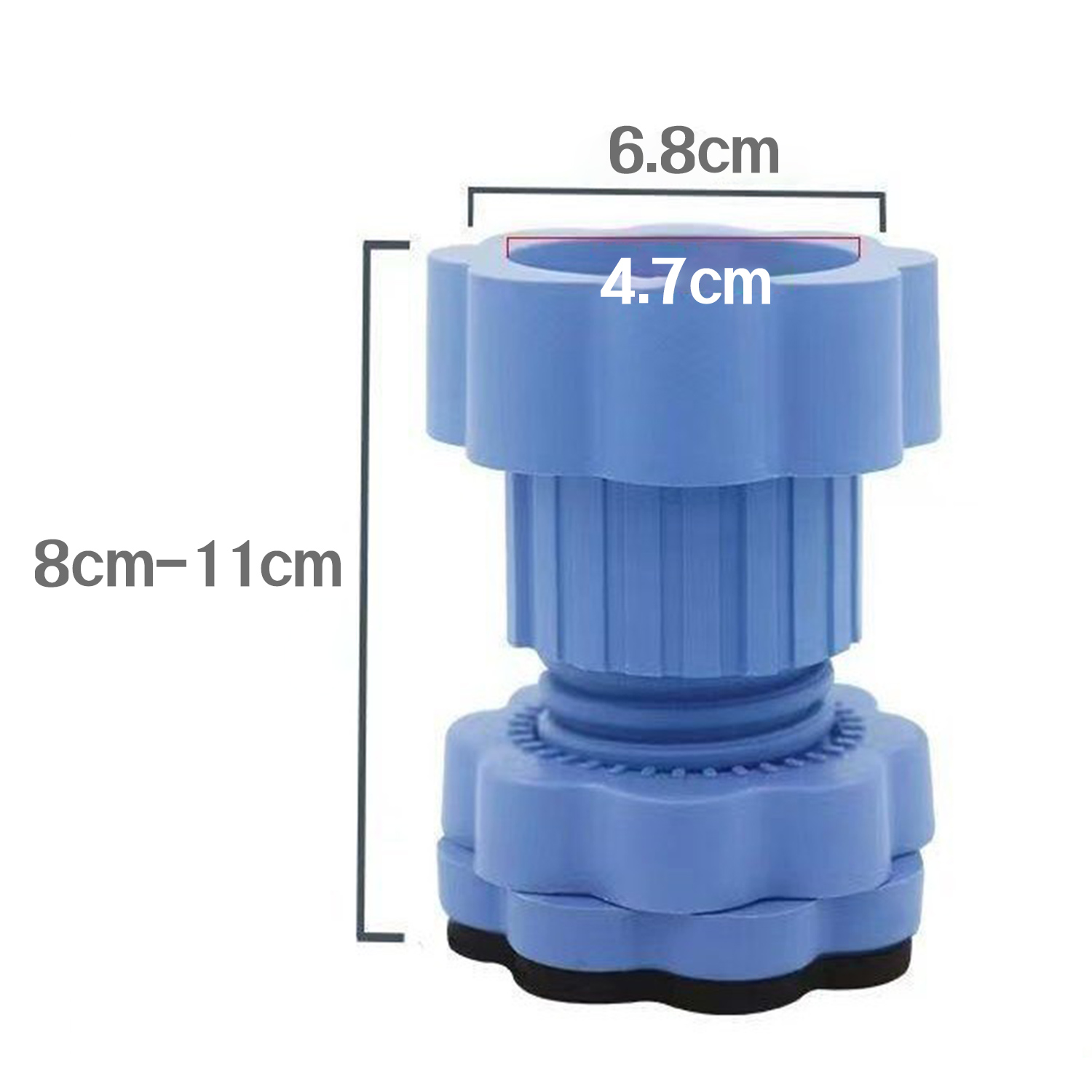 Un piedino regolabile blu per elettrodomestici, alto 8-11cm e largo 6,8cm.