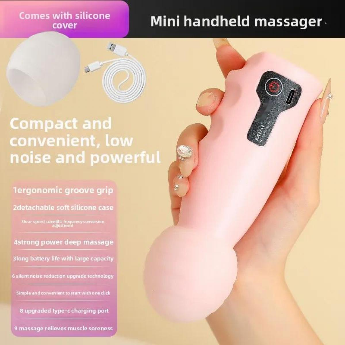 Ein pinker Mini-Handmassagegerät mit Silikonhülle und Ladekabel, gehalten von einer Hand mit verzierten Nägeln.
