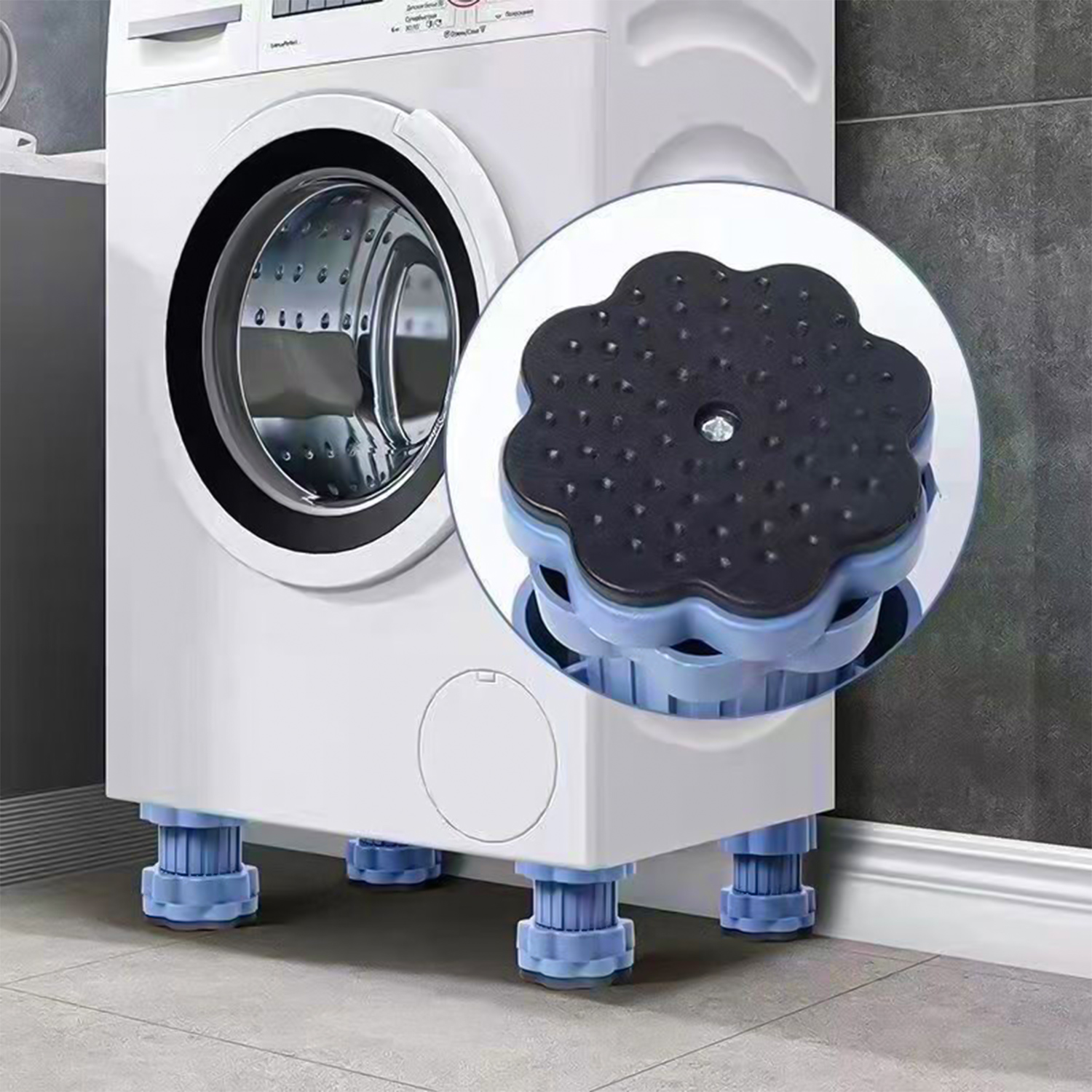 Una lavatrice bianca è su piedini blu regolabili con gommini.