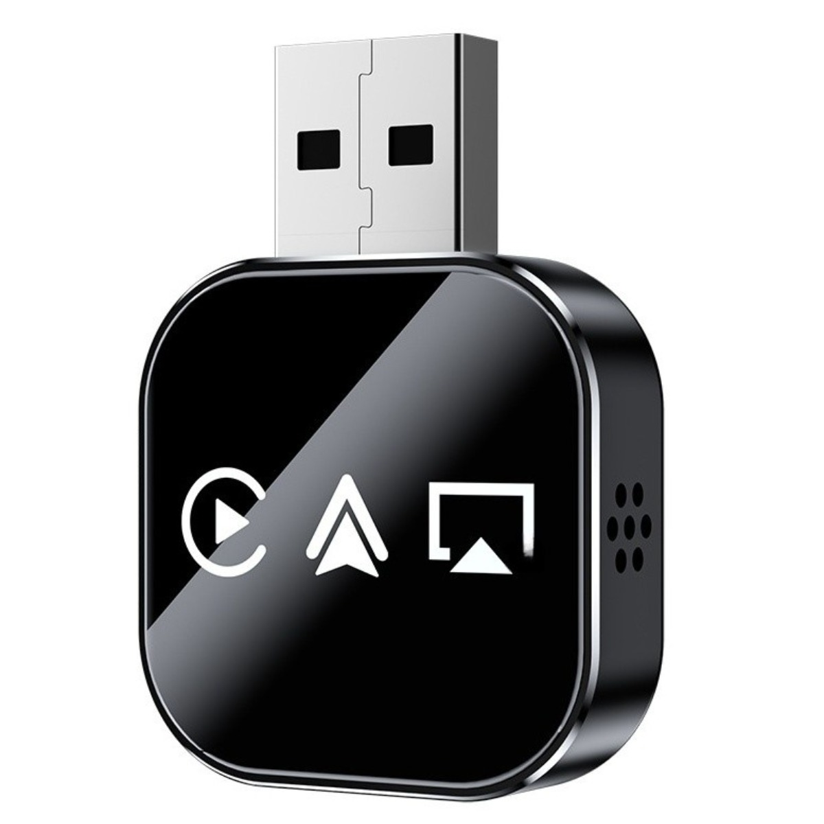 Ein schwarzer USB-Adapter mit glänzender Oberfläche und silbernem Rand, mit weißen Symbolen: einem Play-Symbol, einem Pfeil nach oben und einem Bildschirm-Symbol.