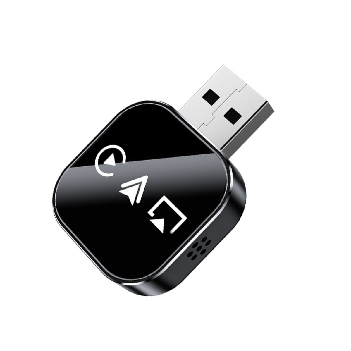 Ein glänzender schwarzer USB-Adapter mit weißen Symbolen für Wiedergabe/Pause, nächste und vorherige Titel, verbunden mit einem silbernen USB-A-Stecker.