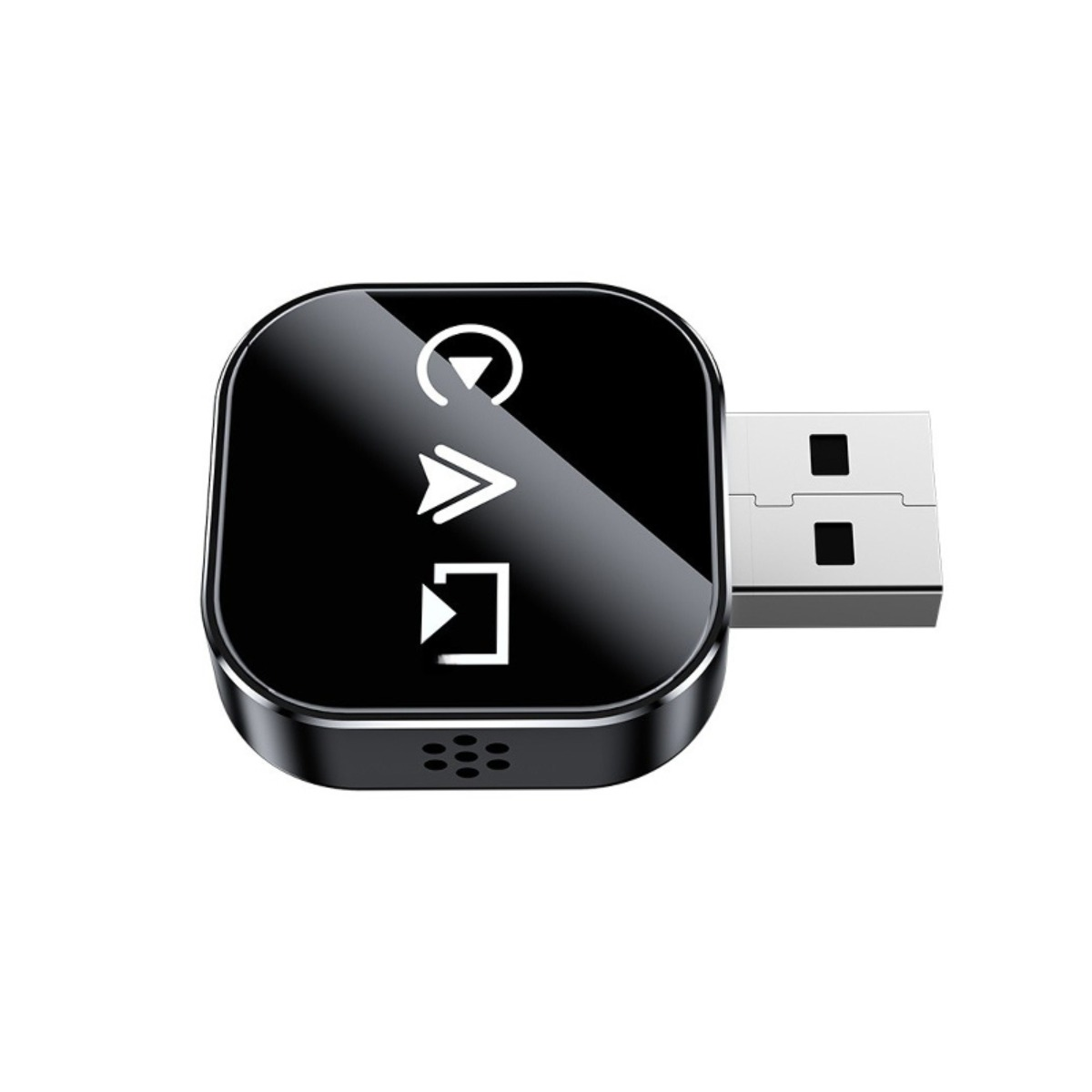 Schwarzer USB-Adapter mit Symbolen für Wiedergabe, Vorlauf und Aufnahme.