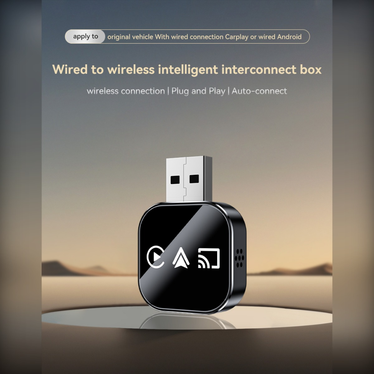 Schwarzer USB-Adapter mit Symbolen für Carplay, Android Auto und WLAN. Geeignet für Autos.