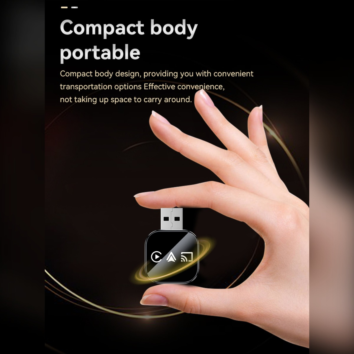 Eine Hand hält ein kleines schwarzes USB-Gerät mit Symbolen für Musik, Karte und WLAN.
