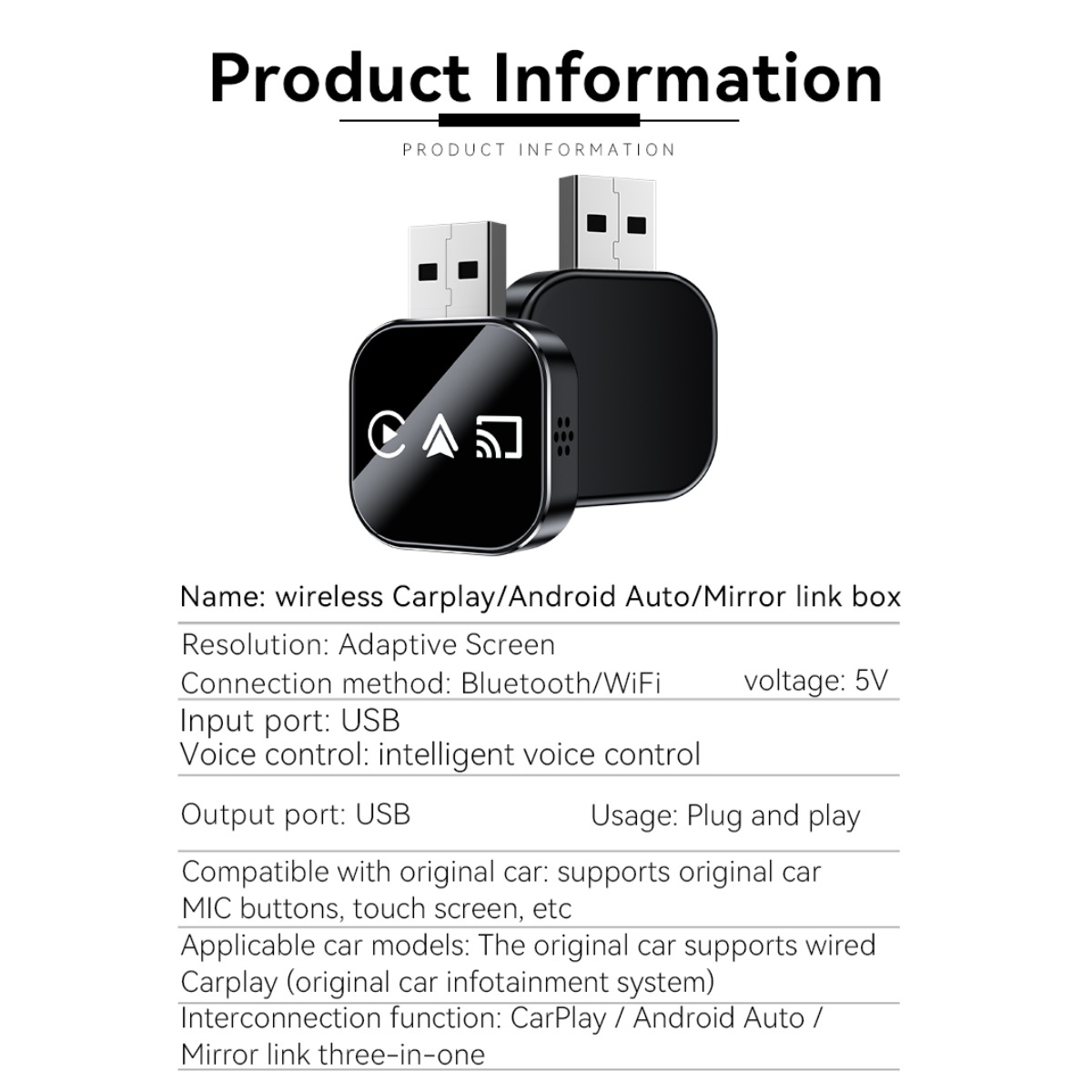 Zwei schwarze drahtlose Carplay/Android Auto-Adapter mit USB-Anschluss.