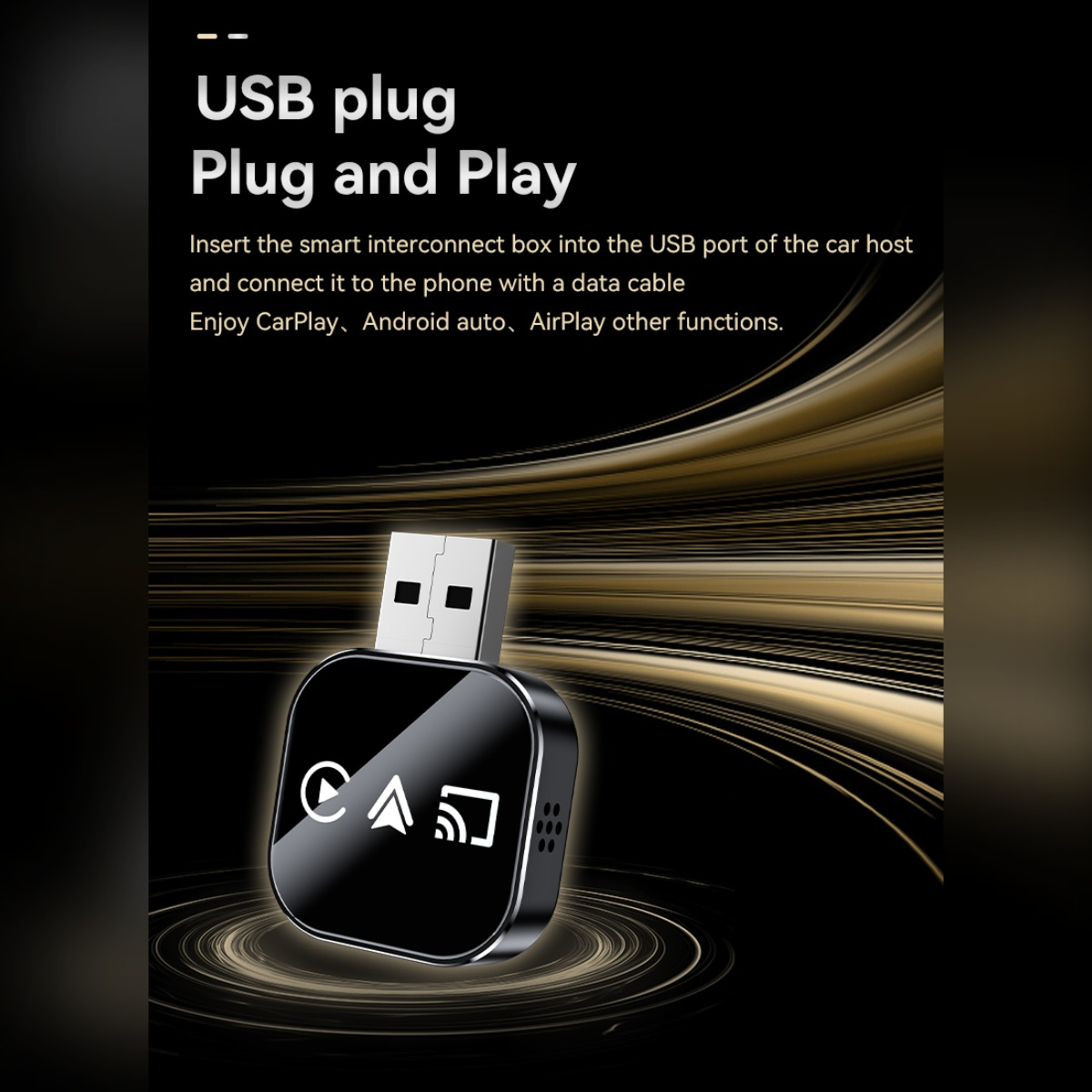 Ein schwarzer USB-Adapter mit Symbolen für Wiedergabe, Navigation und WLAN. Er hat einen weißen USB-Anschluss.