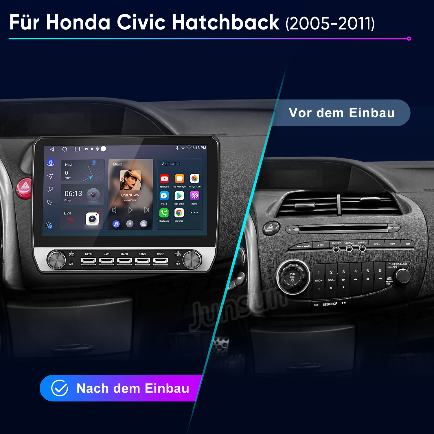 Vorher-Nachher-Vergleich eines Honda Civic Armaturenbretts mit einem neuen Touchscreen-System.