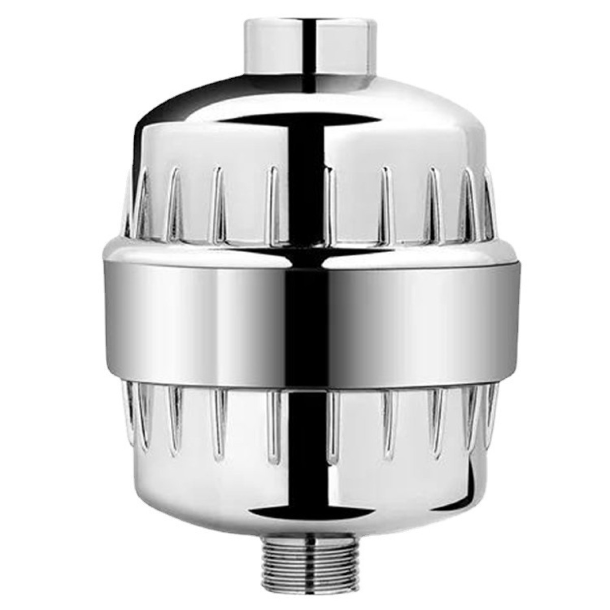 Błyszczący chromowany filtr wody do głowicy prysznicowej.
