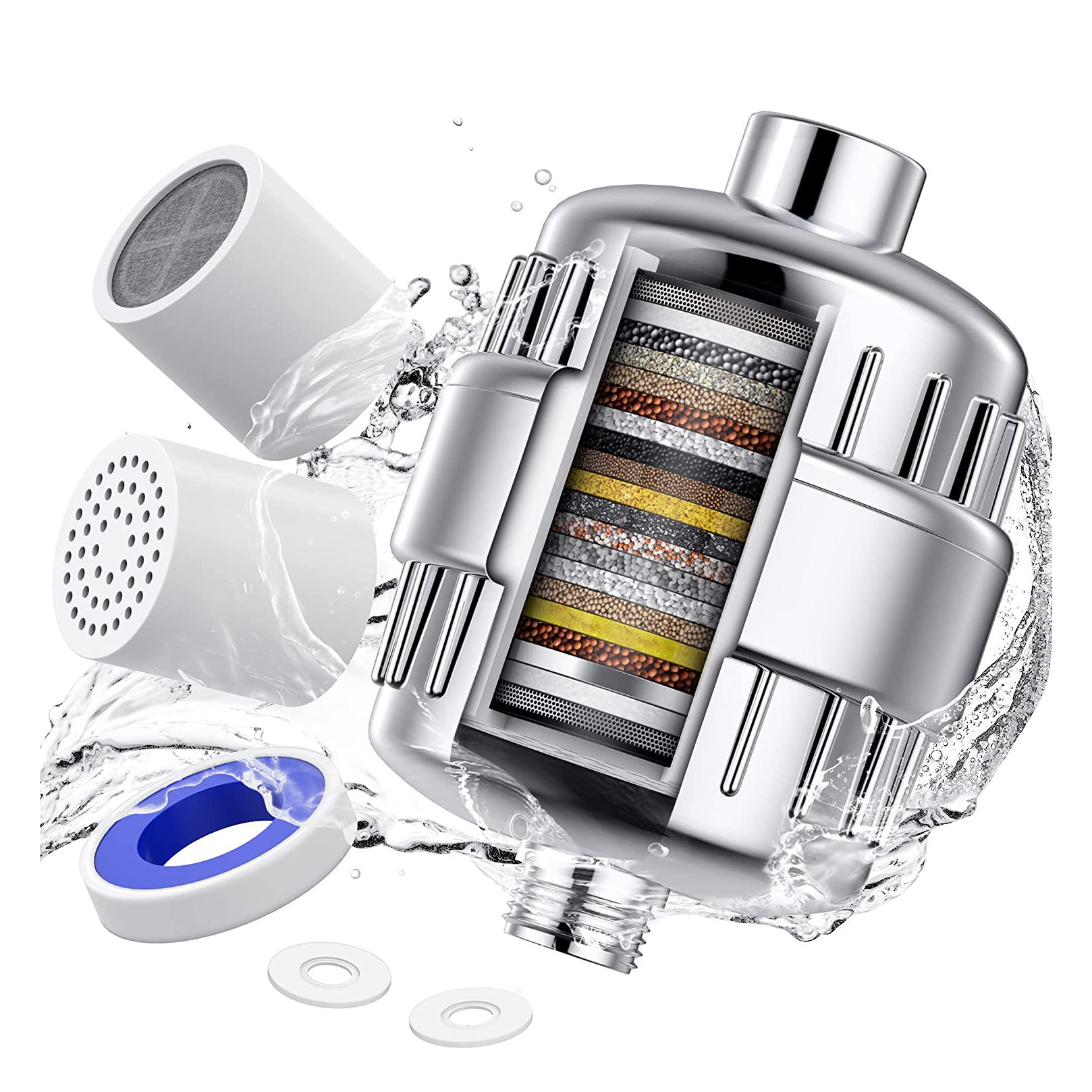 Głowica prysznicowa z filtrem w przekroju z różnymi materiałami filtracyjnymi, chlapie woda.