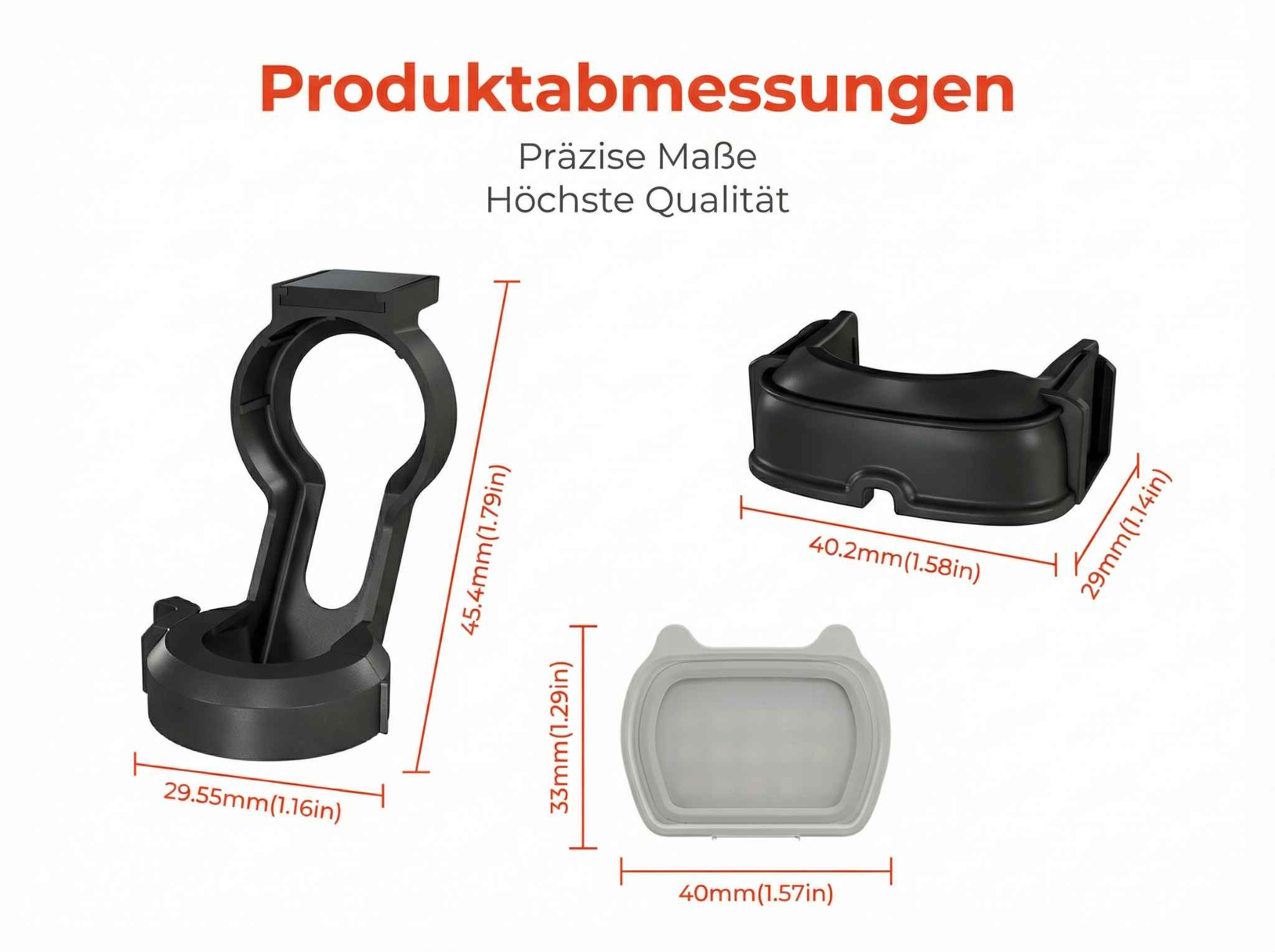 Drei schwarze Kunststoffteile mit Maßangaben in mm und Zoll.