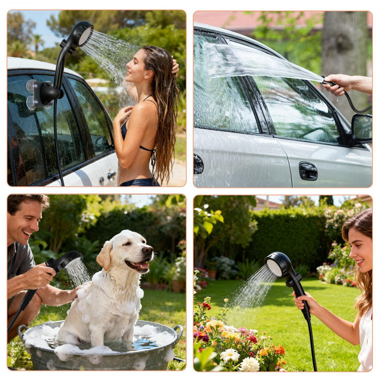Dusche wird für Auto, Hund und Blumen verwendet.