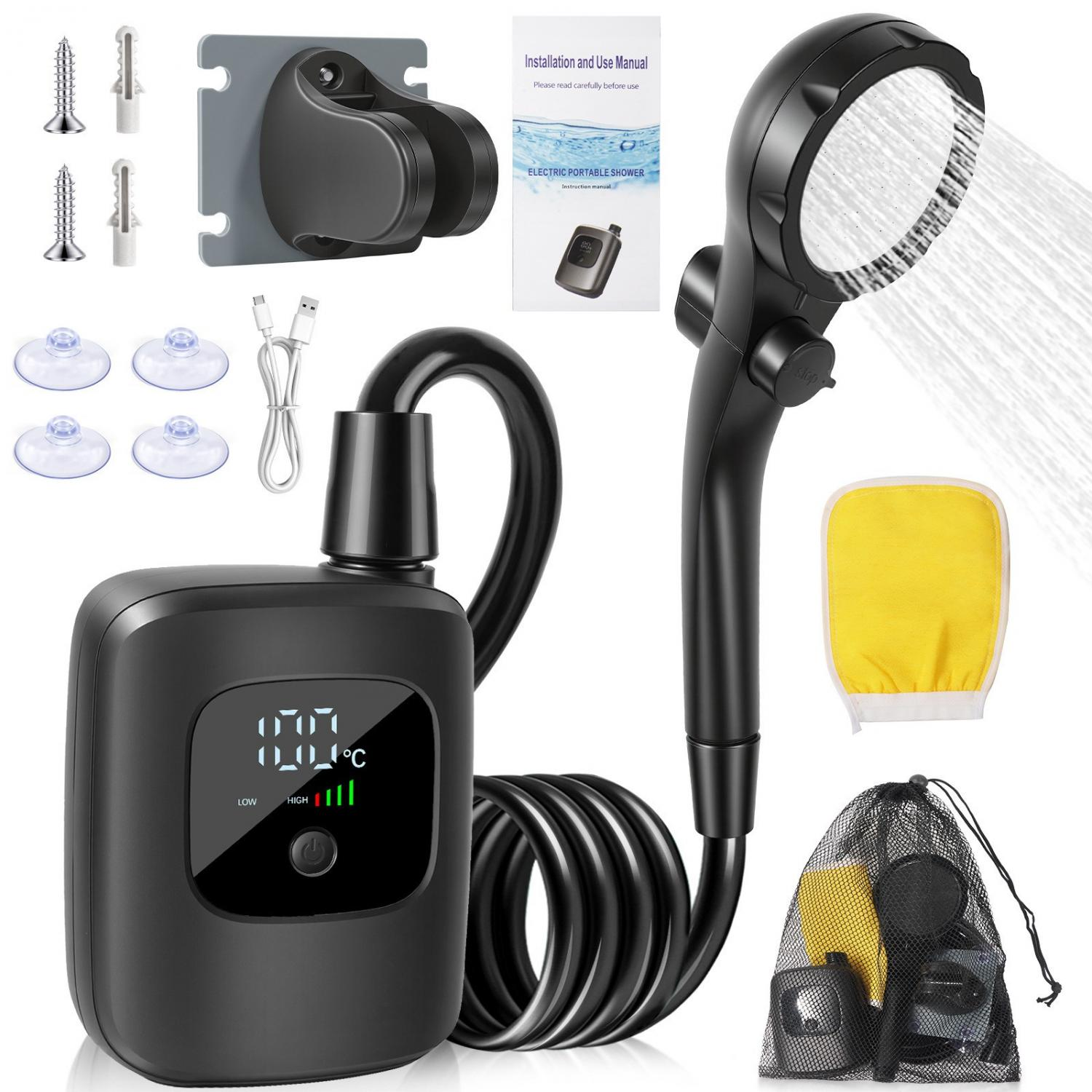 Elektrische tragbare Dusche mit Zubehör: Duschkopf, Einheit, Kabel, Halterung, Schrauben, Dübel, Saugnäpfe, Beutel.