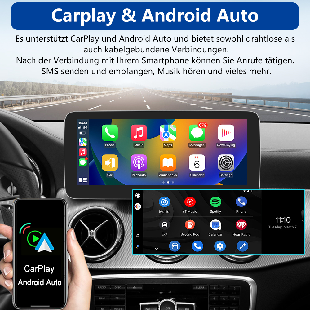 System infotainment samochodu wyświetla CarPlay i Android Auto.