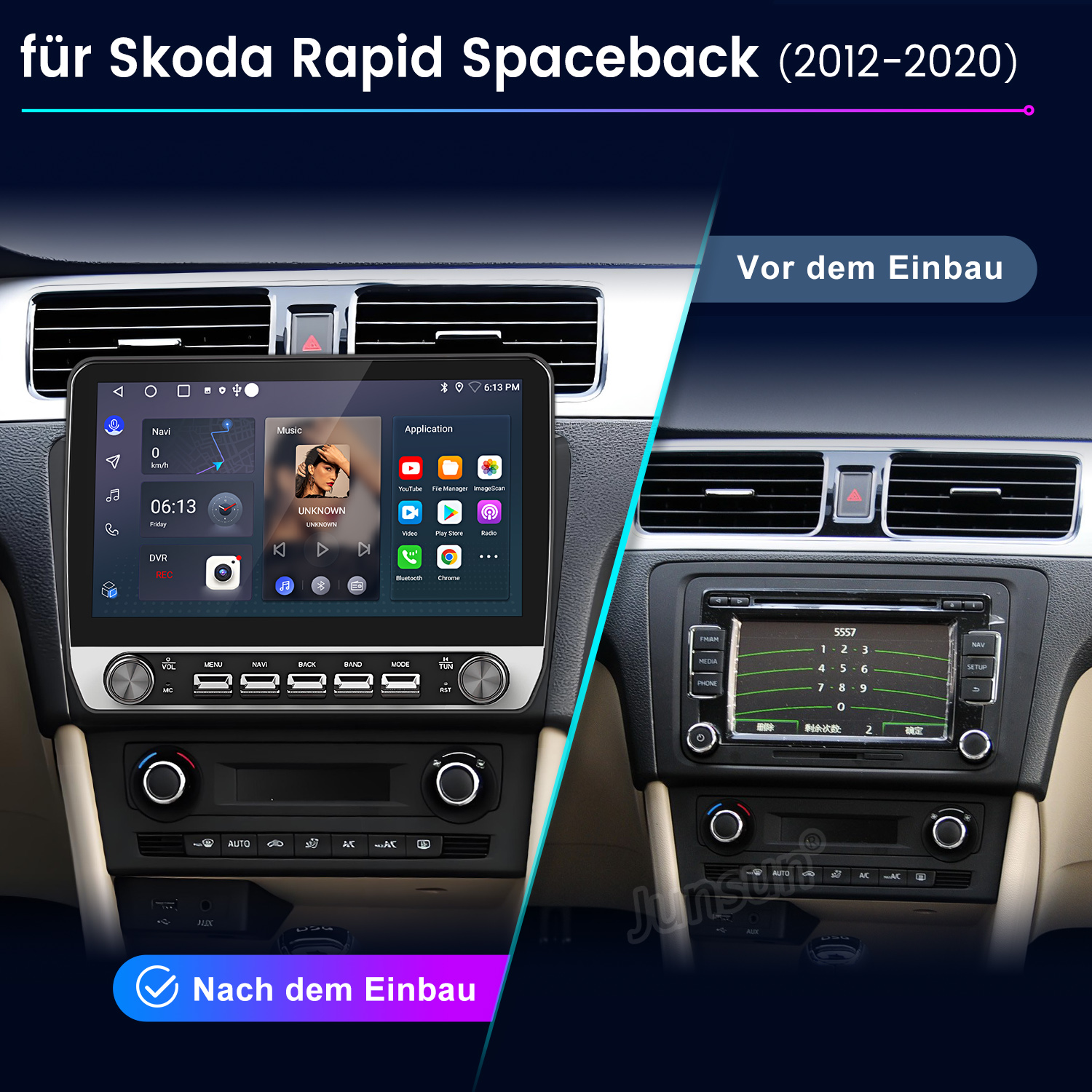 Vergleich eines Skoda Rapid Spaceback Infotainmentsystems vor und nach dem Einbau.