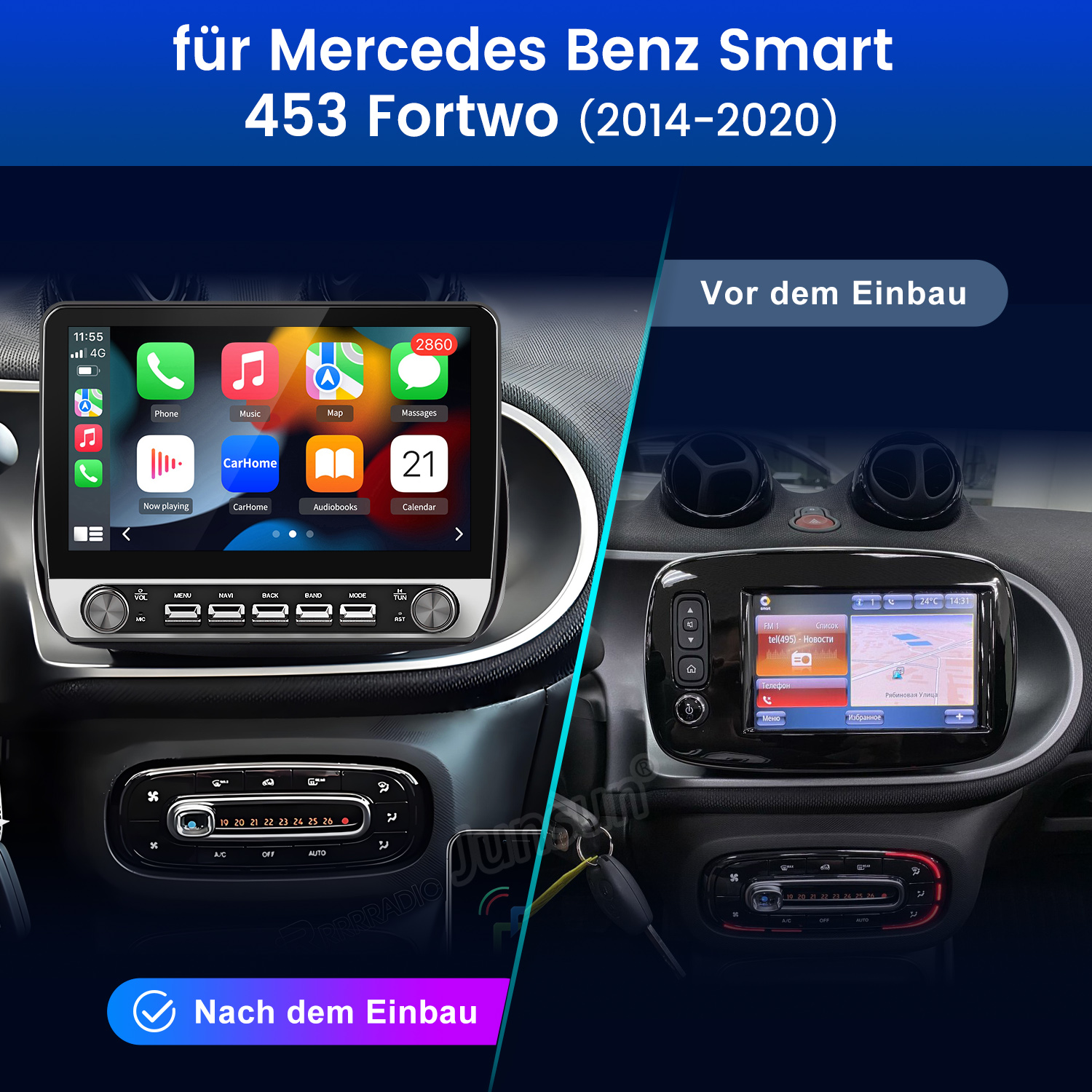 Vorher/Nachher-Vergleich eines Mercedes Smart 453 Fortwo-Infotainmentsystems.