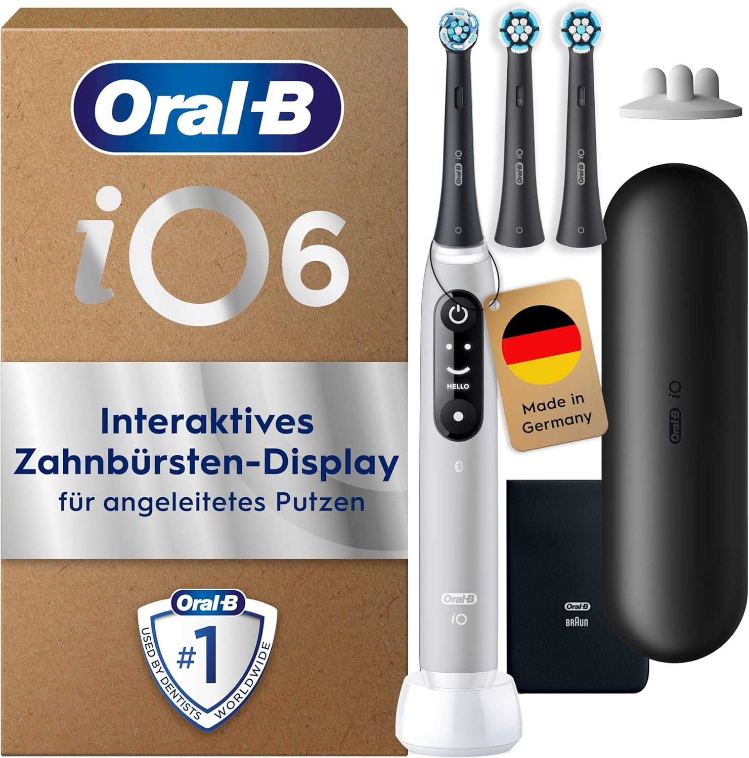 Oral-B iO6 Zahnbürste mit 3 Aufsätzen, Ladestation, Reiseetui, Made in Germany.