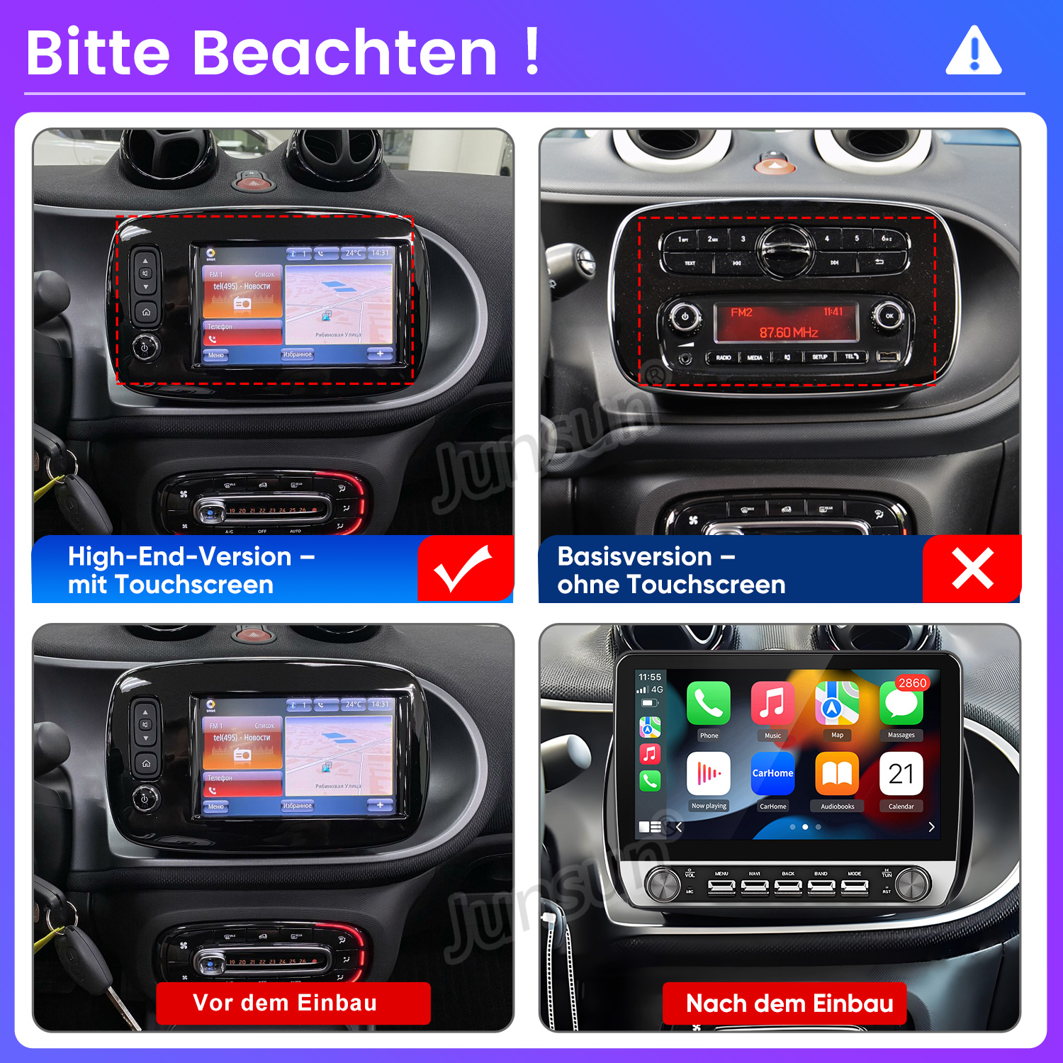 Vergleich von Auto-Infotainmentsystemen: Touchscreen vs. kein Touchscreen, vor und nach dem Einbau.
