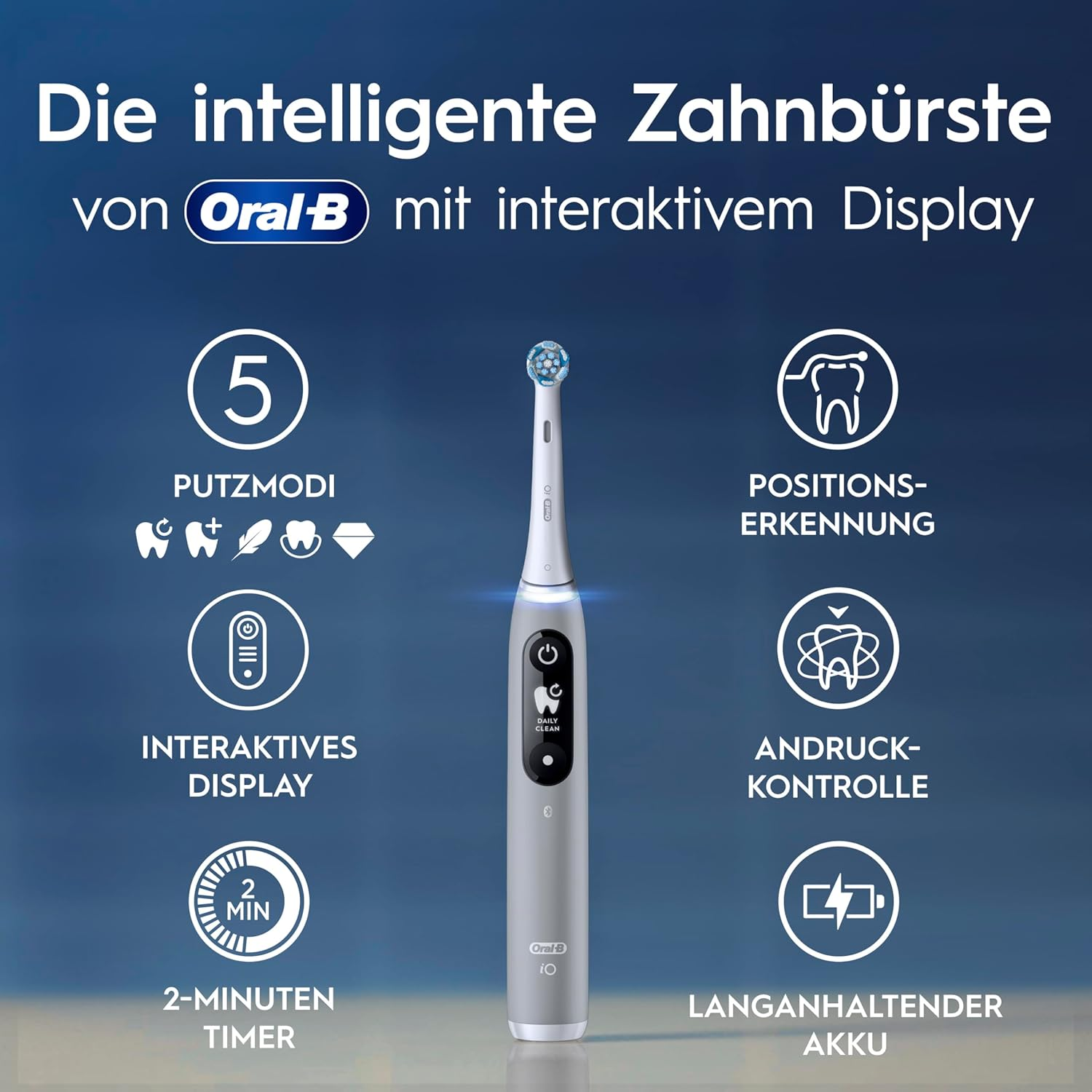 Intelligente Oral-B Zahnbürste mit 5 Putzmodi, Display, Timer, Positionserkennung.