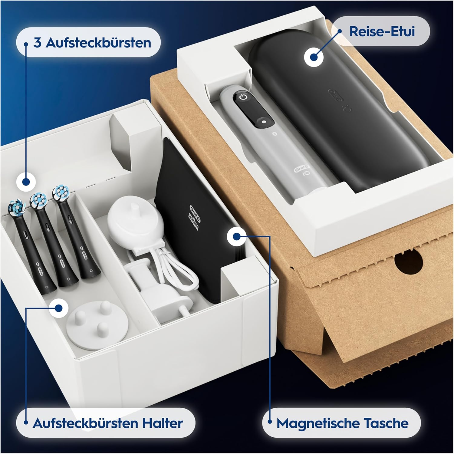 Elektrische Zahnbürste mit 3 Aufsteckbürsten, Halter und Reise-Etui.