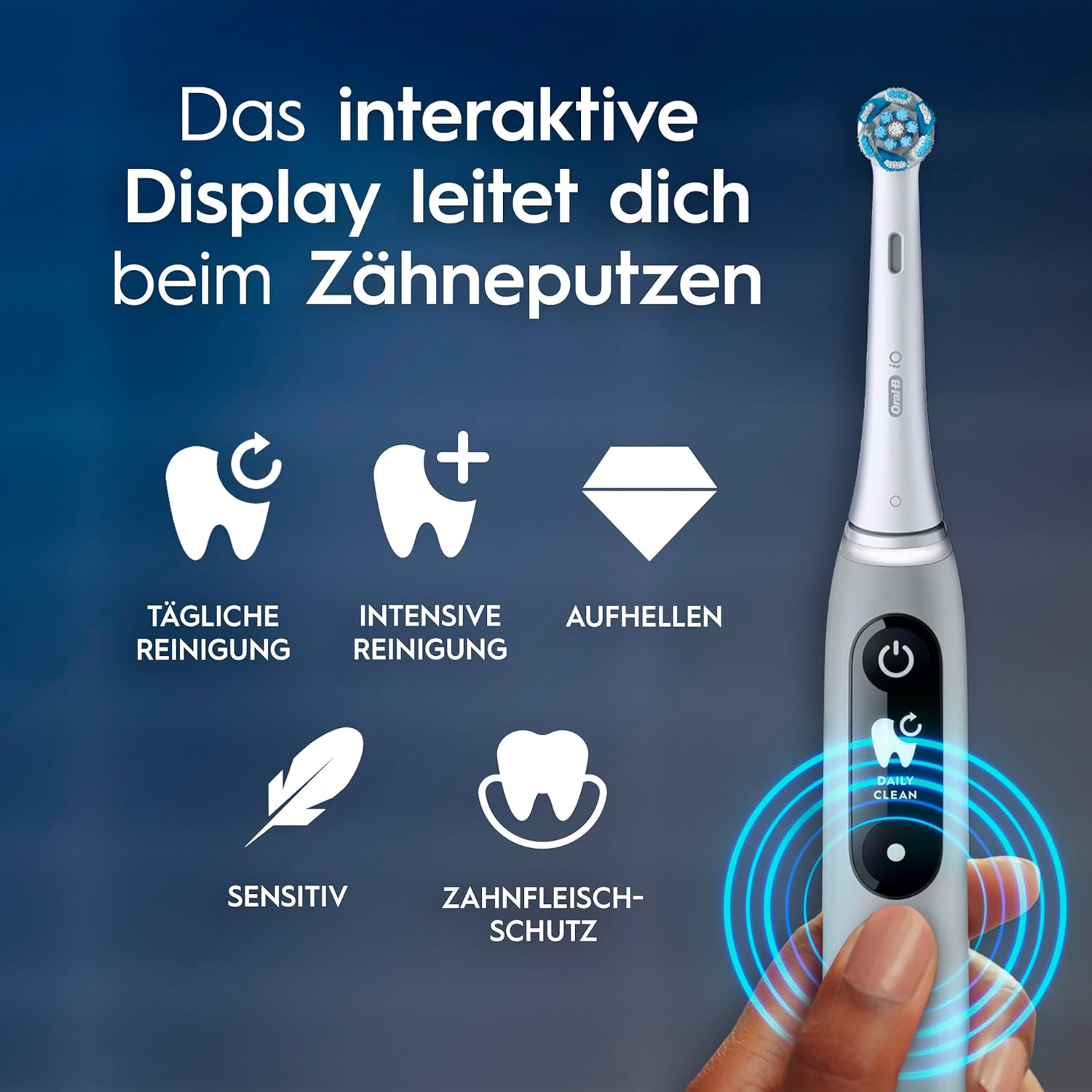 Ein elektrischer Zahnbürstenkopf mit Anzeige für tägliche Reinigung, intensive Reinigung, Aufhellen, Sensitiv und Zahnfleischschutz.