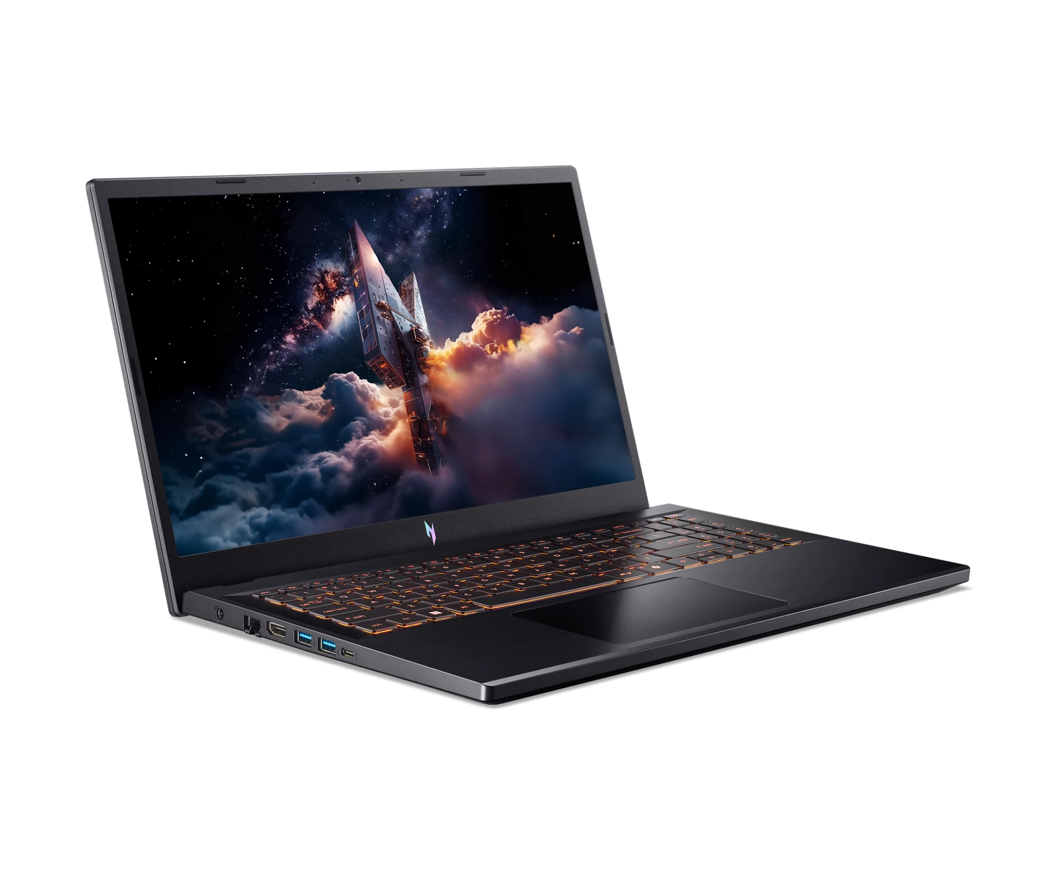 Laptop nero con tastiera illuminata e sfondo a tema spaziale.