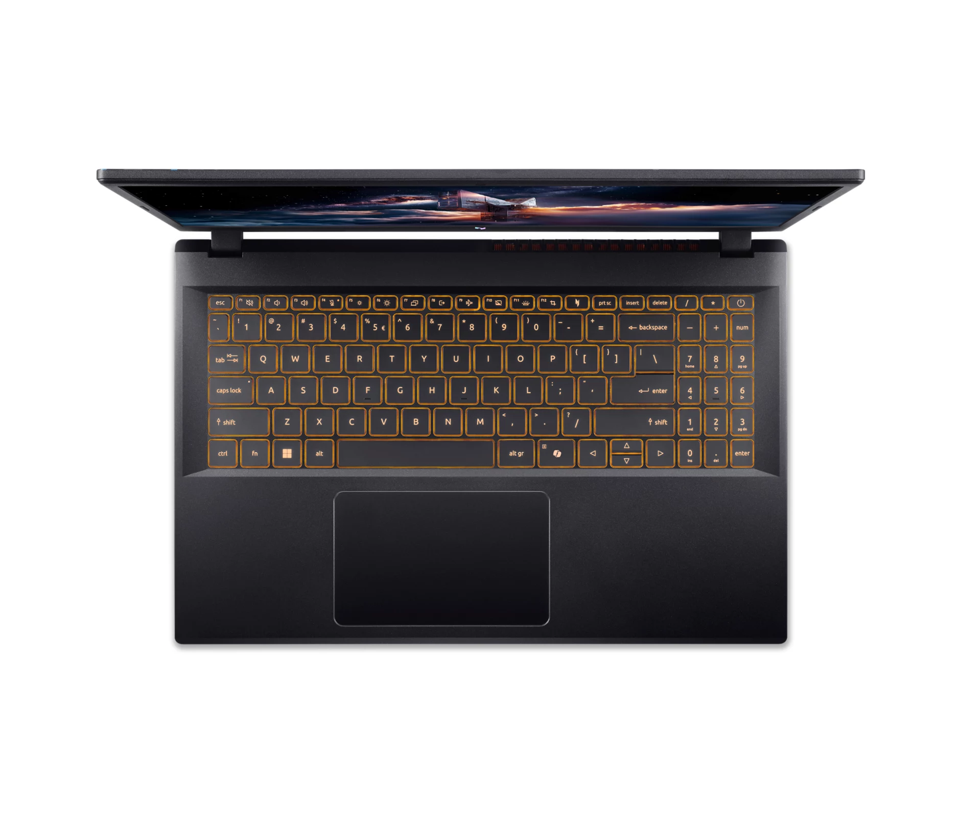 Laptop nero con tastiera illuminata e sfondo stellato.