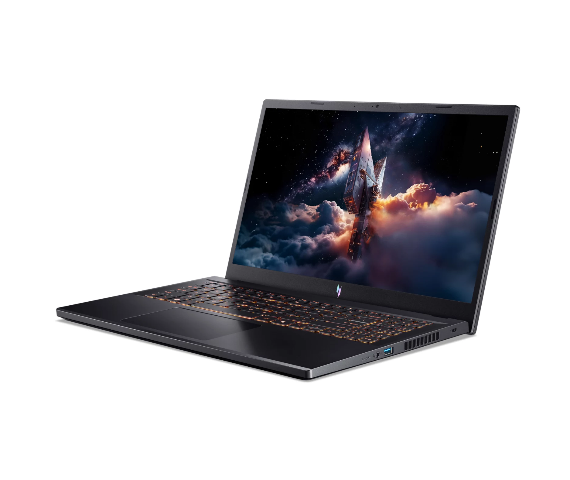 Un laptop scuro con tastiera illuminata e scena spaziale sullo schermo.
