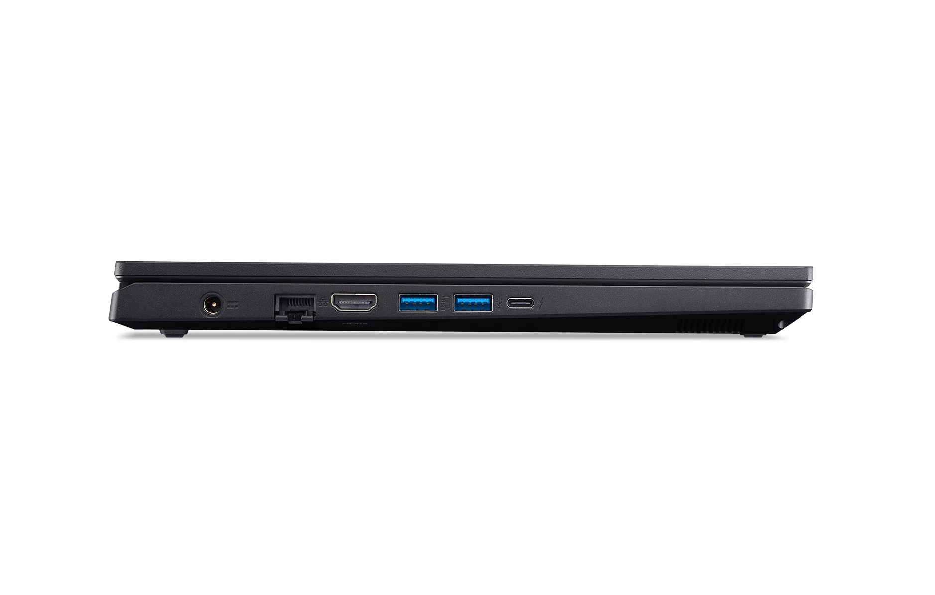 Area porte laptop nera con porte di alimentazione, HDMI, USB e USB-C.