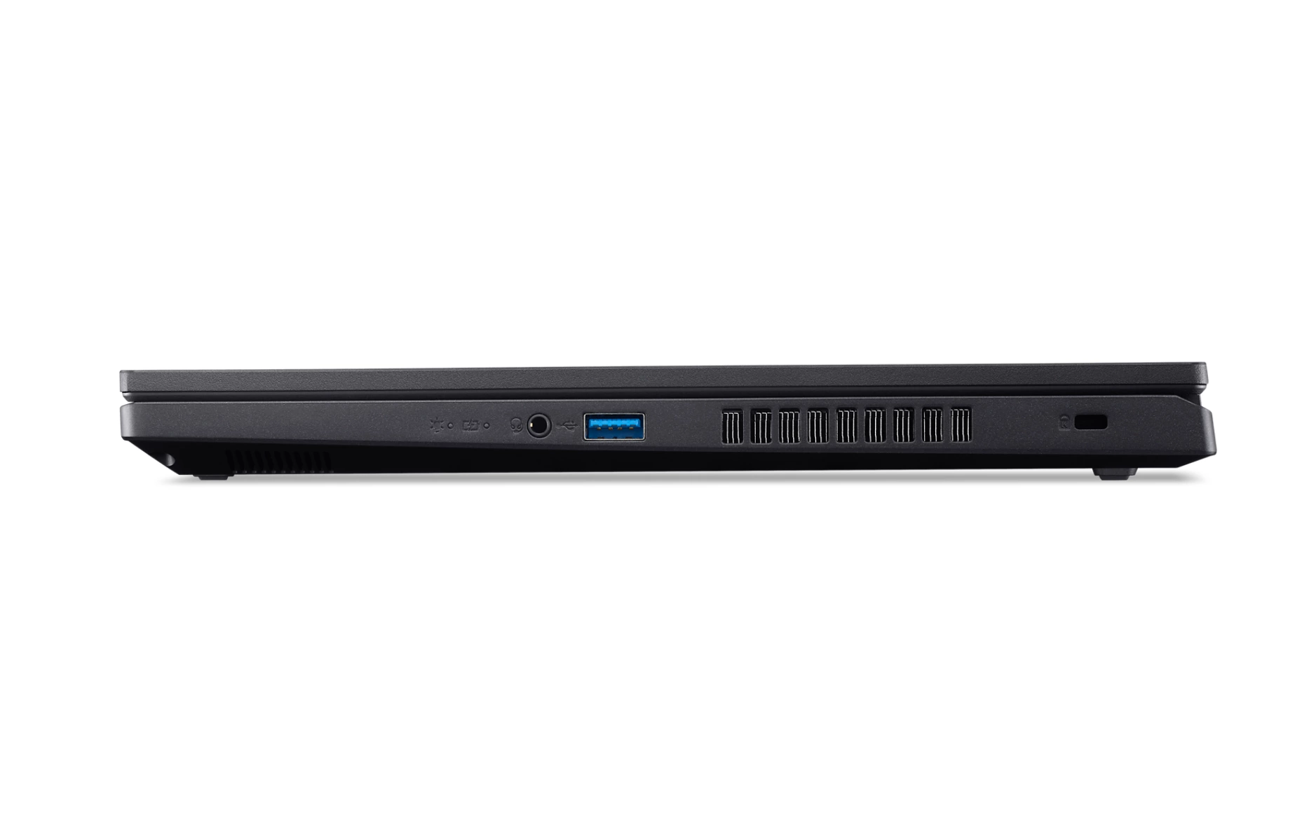 Il lato sinistro di un laptop nero, con porte e fessure di ventilazione.