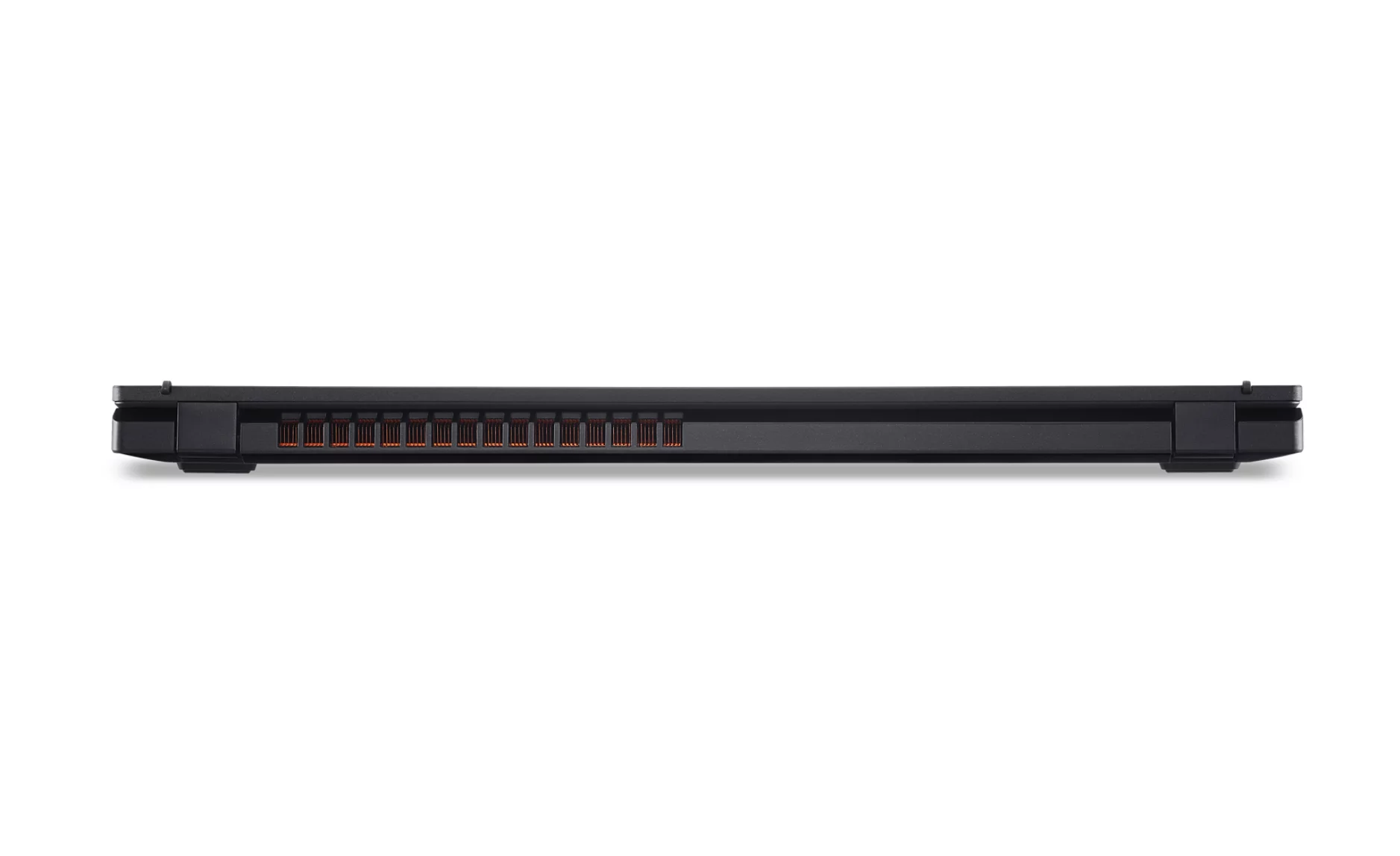 Un laptop nero con prese d'aria visibili e accenti arancioni.