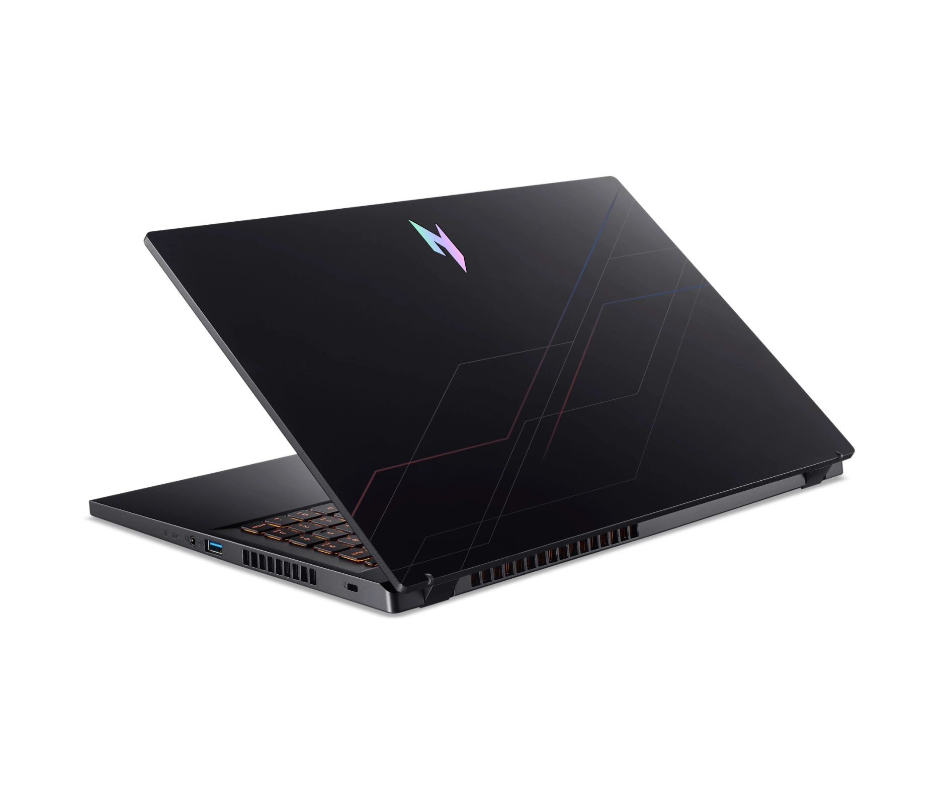 Laptop nero con tastiera e logo illuminati. Mostrato aperto e angolato frontalmente.