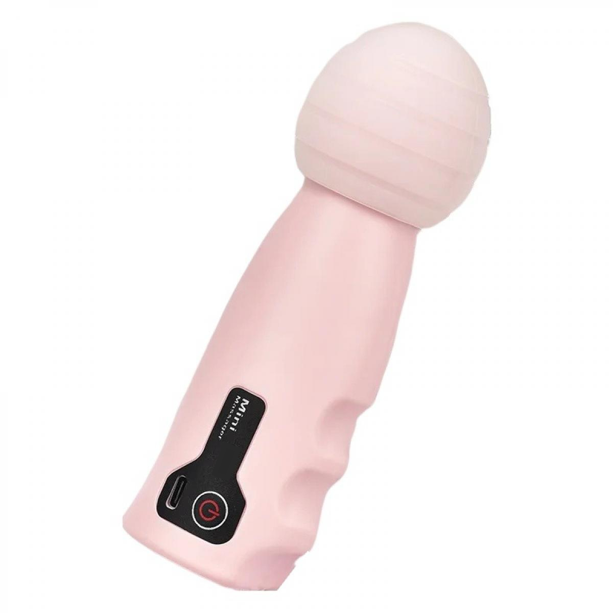 Ein rosafarbener Mini-Massagegerät mit geripptem Kopf und einem schwarzen Bedienfeld.