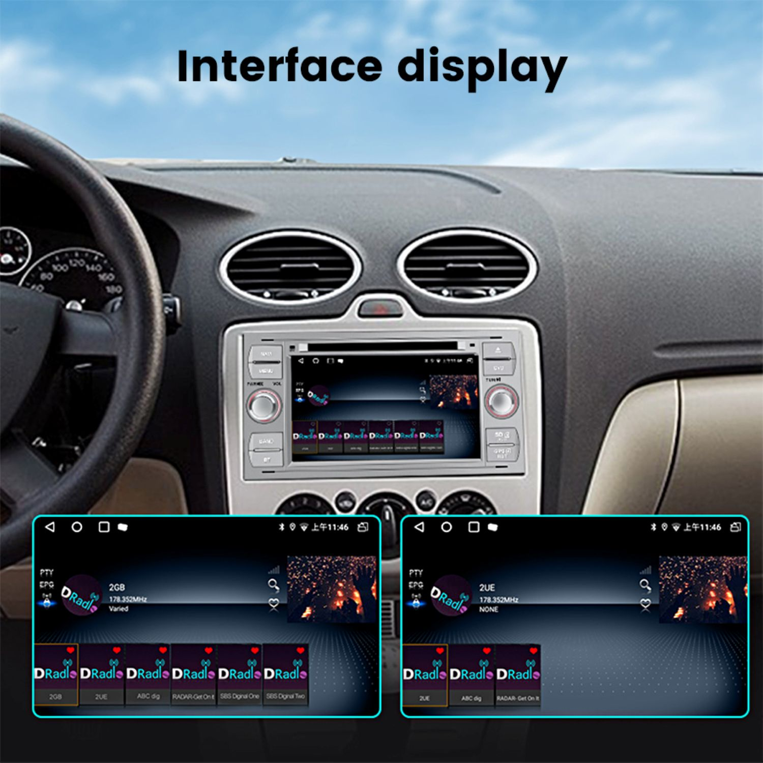 Interno auto con display autoradio che mostra app musicali.